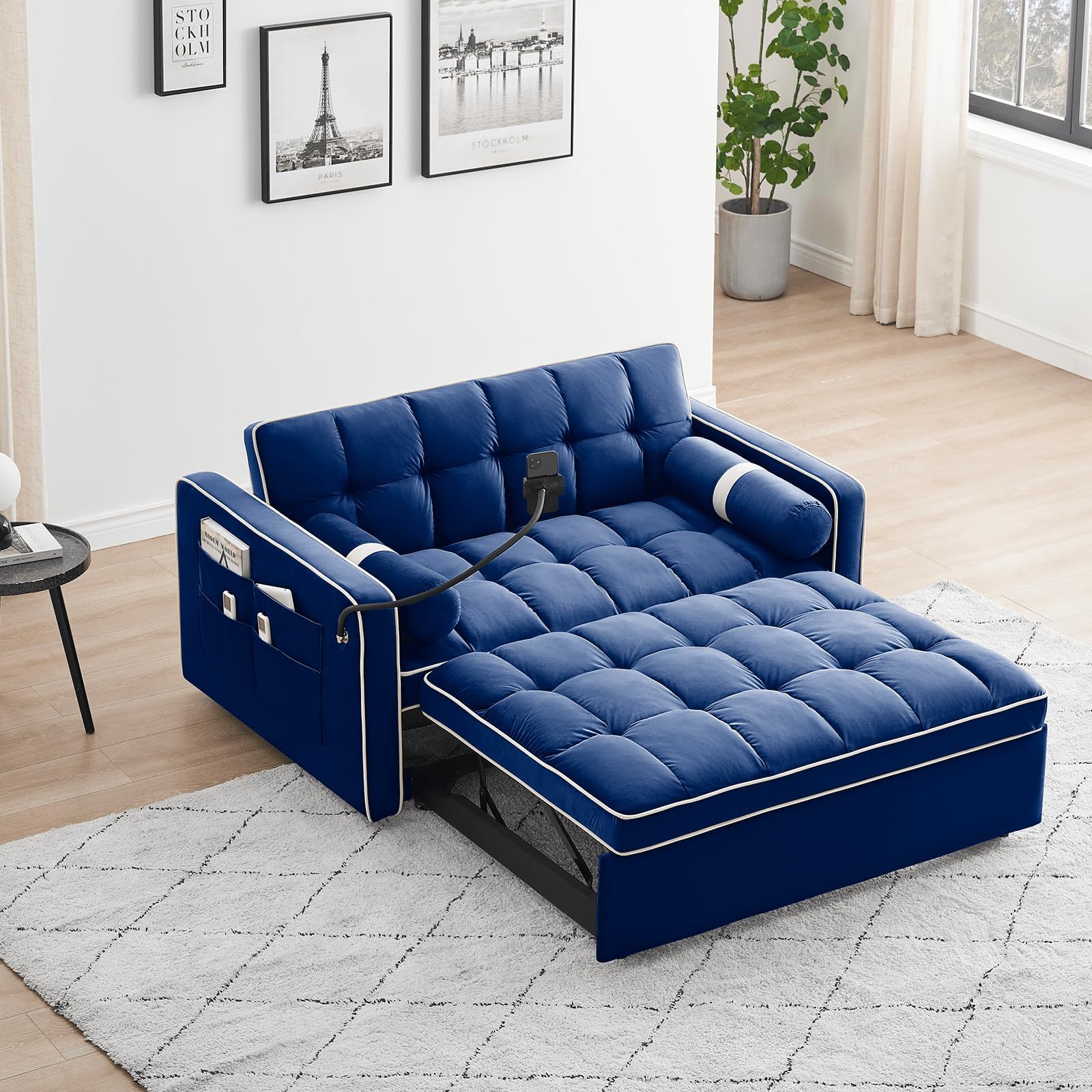 Hison Pull Out Sofa Bed 3 in 1 Convertible Sleeper Sofa Couch Bed Velvet Fabric with USB&Type C Port Adjustable Backrest,Multi-Pockets and Pillows for Living Room,Navy,55"