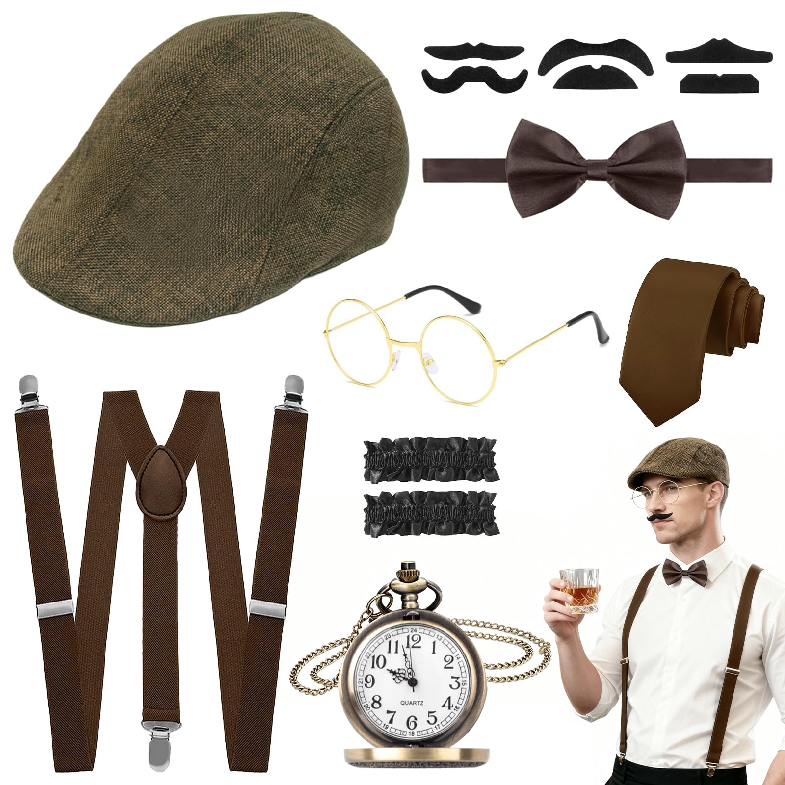 8PCS Akcesoria Męskie z Lata 20, Kostium Great Gatsby Gangster, Przebranie z Lata 1920, z Beret, Męski Zegarek Kieszonkowy, Bretele, Muszka, Brokat, Okulary, Krawat