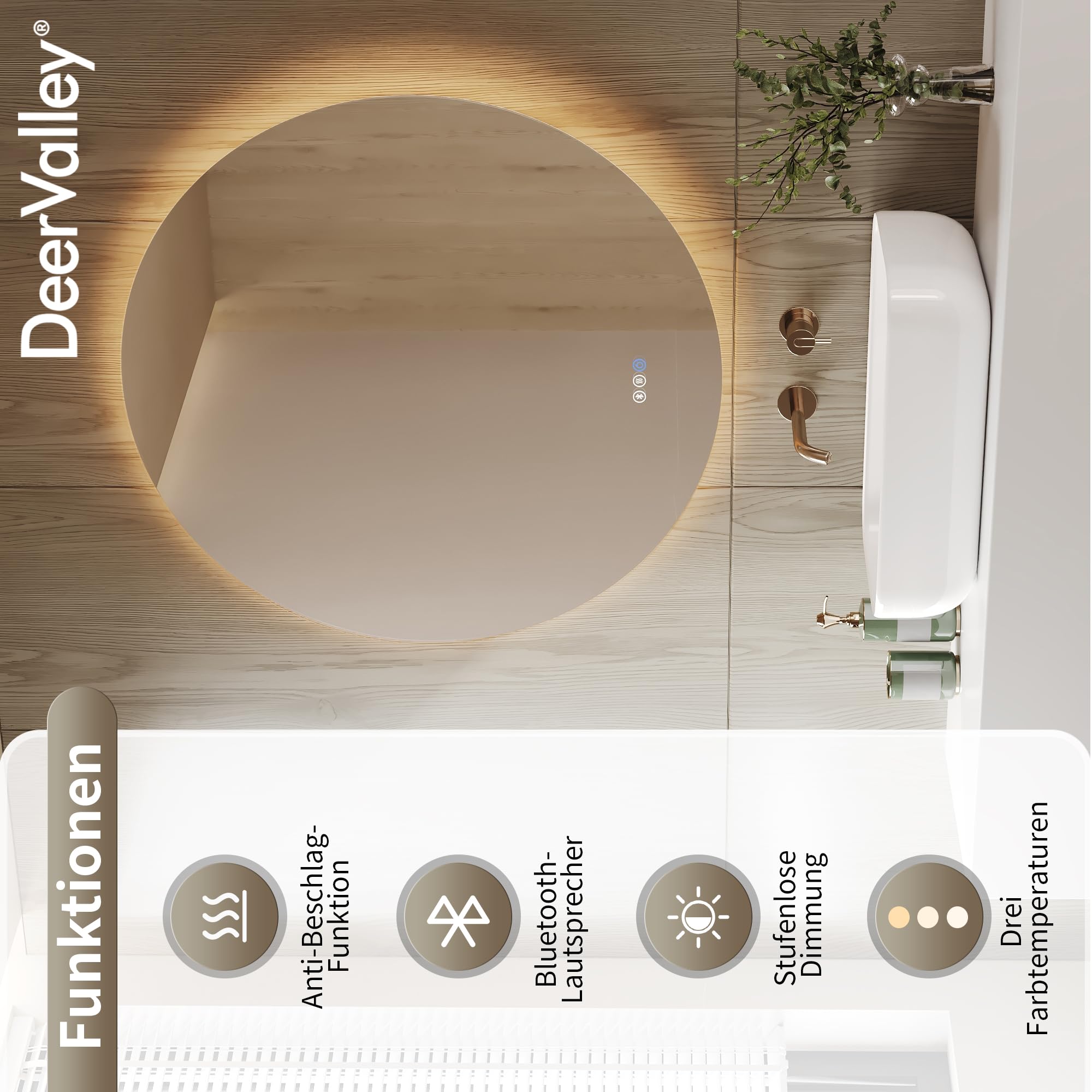 DeerValley Badspiegel mit Beleuchtung 80cm, Anti Beschlag LED Spiegel mit 3-Fach Vergrößerung, 3 Farbtemperatur und Bluetooth Lautsprecher