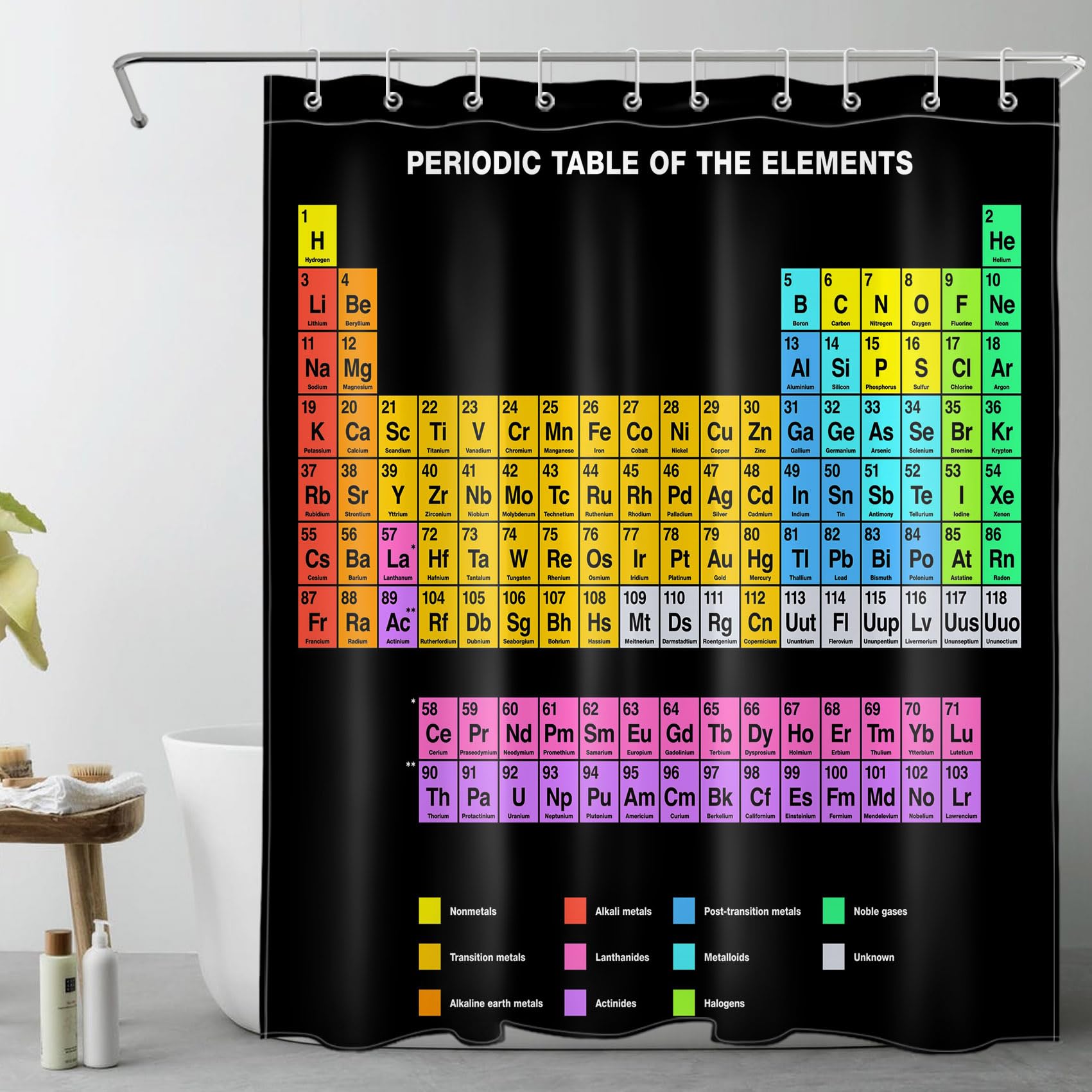 LB Periodic Table of Elements Shower Curtain Black Background Shower Curtains for Bathroom Polyester Anti Mould Waterproof Curtain Set with Hooks Poster for Chemistry Student Teacher,68Lx47W inches