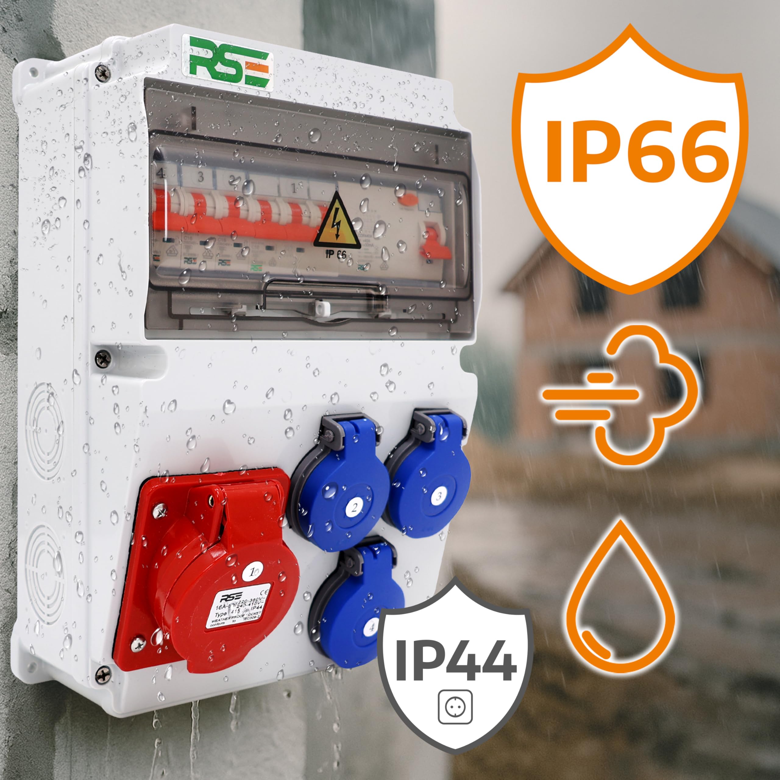 Distribuidor de corriente de construcción distribuidor de pared completamente cableado 32A 16A 230V con toma CEE contador IP65, 12. 1x32A 1x16A 3x230 con LS