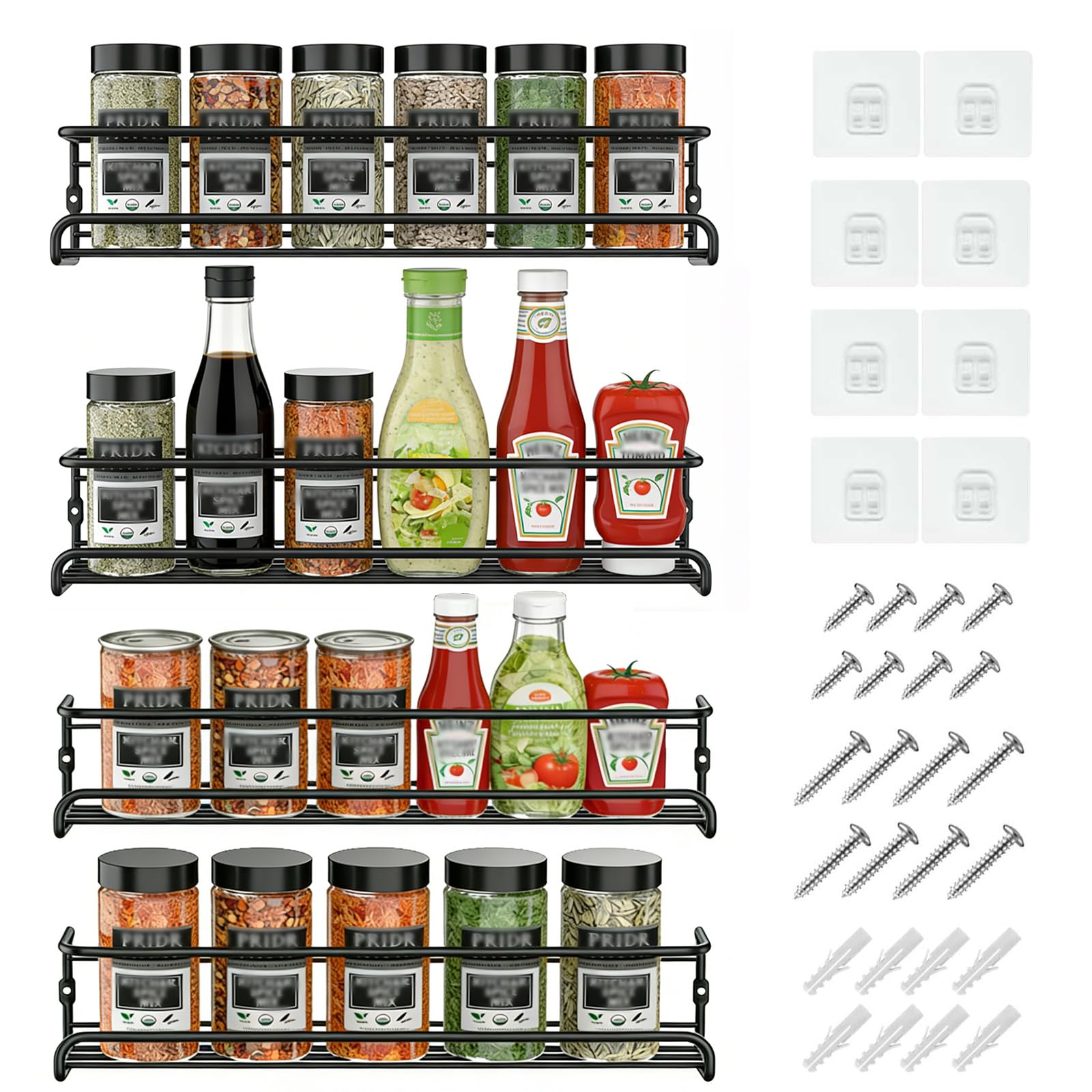 LIIGOU Wall Mounted Spice Rack, 4 Pack Stainless Steel Spice Organiser for Kitchen & Inside Cupboard Door or Pantry, Kitchen Spice Shelf with Adhesive or Screws