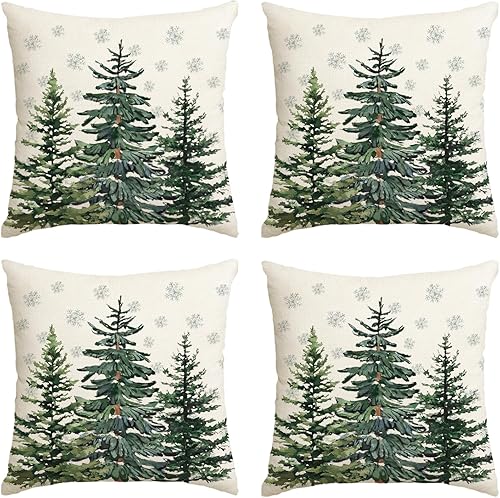 AVOIN colorlife Juego de 4 fundas de almohada con diseño de árboles de Navidad, copos de nieve, 18 x 18 pulgadas, decoración para sofá