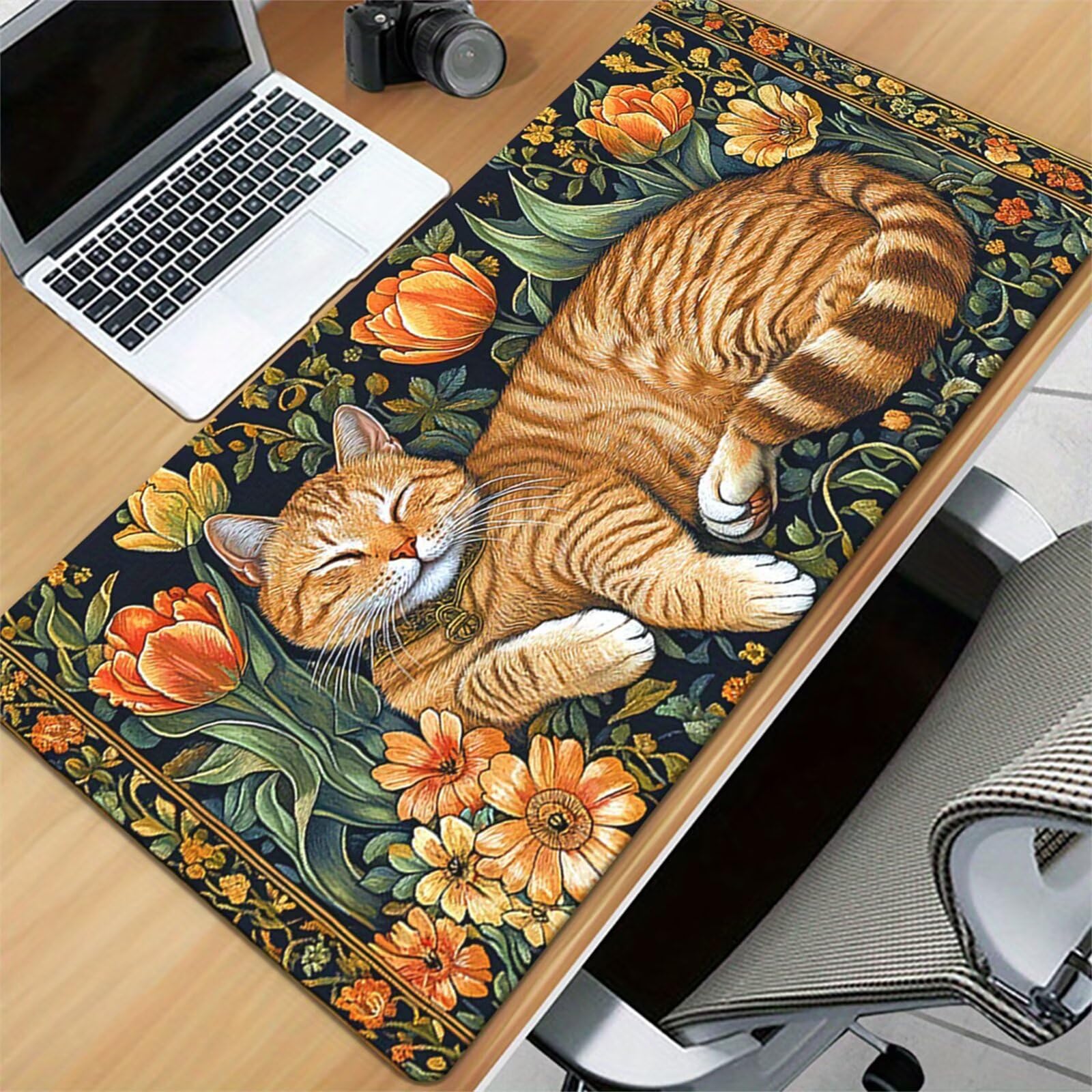 Grand Tapis de Souris de Jeu 900x400x3 mm Mouse Pad Gaming Chat Fleuri Vintage Tapis de Bureau Antidérapant avec Bords Cousus pour Bureau, Études, Gamer
