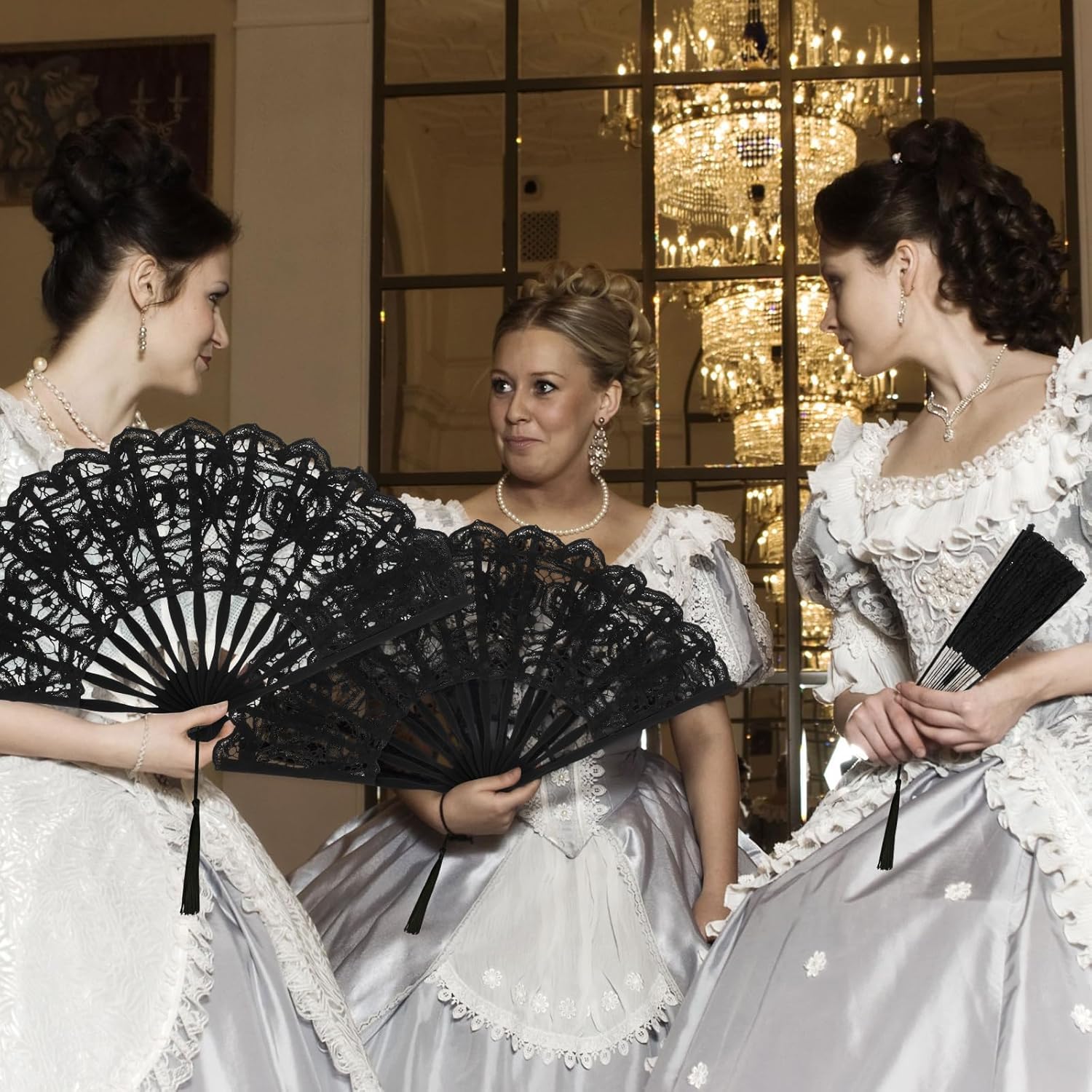 6 Pcs Lace Folding Handheld Fan for Wedding Cotton Embroidered Bridal Hand Fan with Bamboo Staves and Silk Tassels Vintage Retro for Guests Women Wedding Bridal Shower Party Favors (Black)