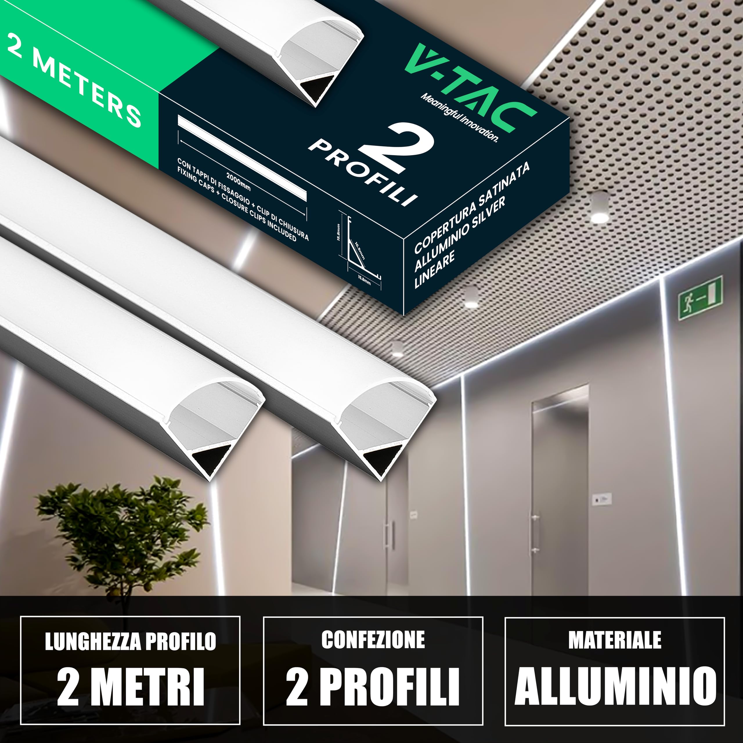 V-TAC 2 x 2 Meter Eckprofile für LED-Streifen - [ insgesamt 4 Meter ] - Profile für LED-Streifen aus Aluminium mit satinierter Abdeckung - Farbe Silber - Ecken 21,3 x 15,8 mm