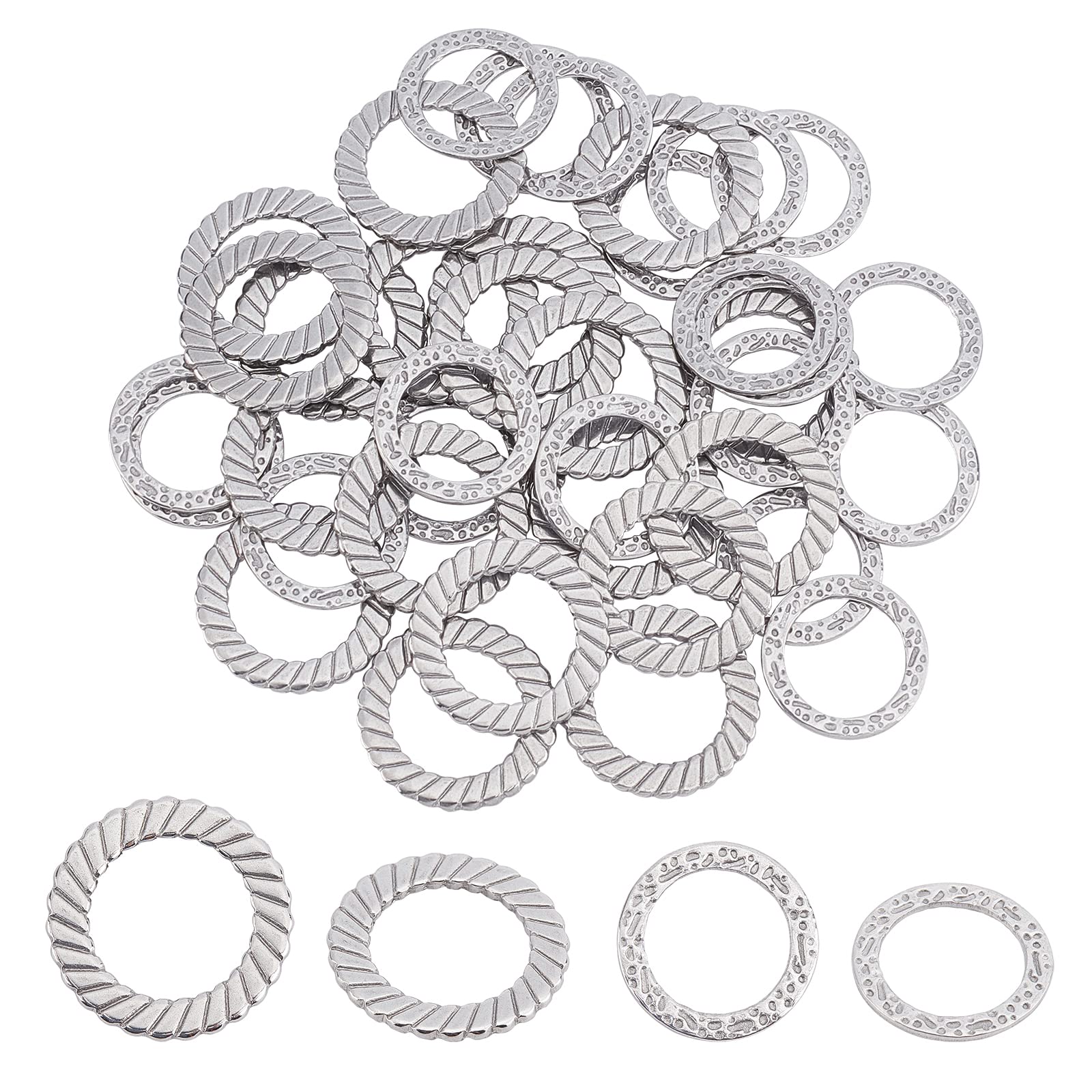 UNICRAFTALE 40pcs 2 Sizes 15/18mm 304 Stainless Steel Connecting Ring Textured Hollow Round Linking Metal Laser Cutting Link Connector for DIY Jewelry Making, Stainless Steel Color