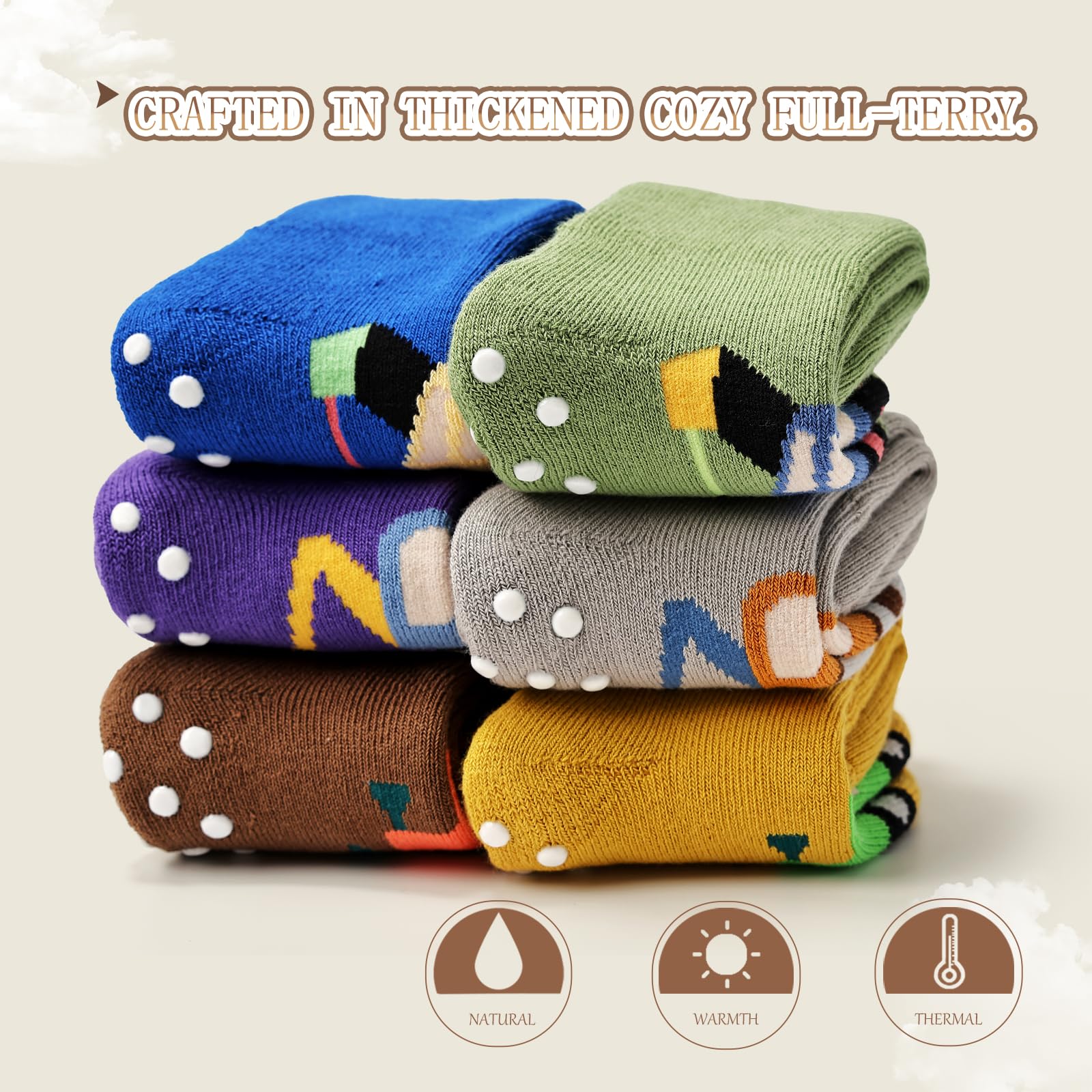 Baby Non Slip Socks Thick Baby Winter Warm Socks with Grips for Baby Cotton Socks Multipack 6 Pairs