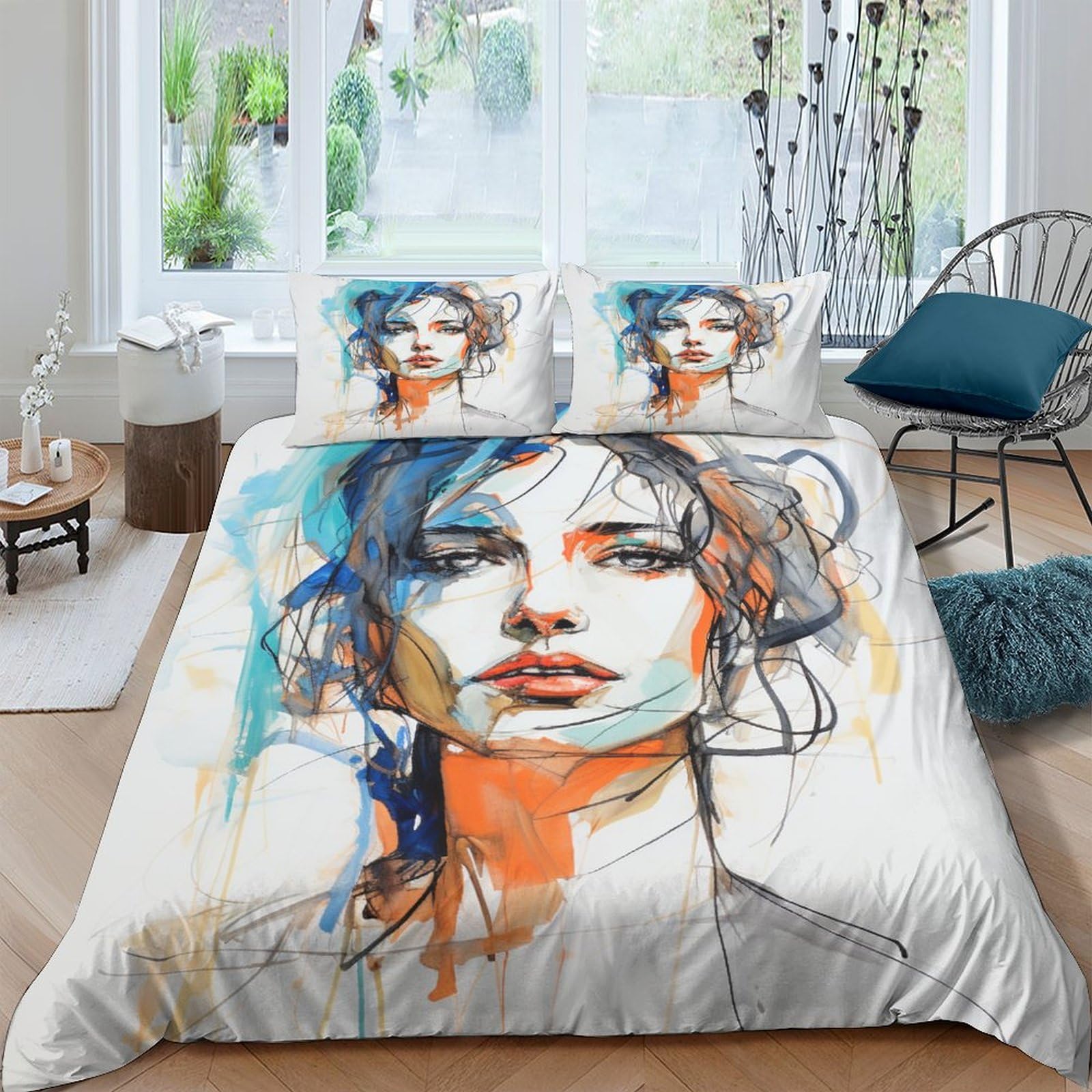 Watercolour Woman for Teens And Adults 3D Print Colourful Lines Duvet Cover Quilt Cover Comforter Covers Soft Microfiber with Pillow Cases Bedding Set with Zipper Closure 3 Pieces Double（200x200cm）