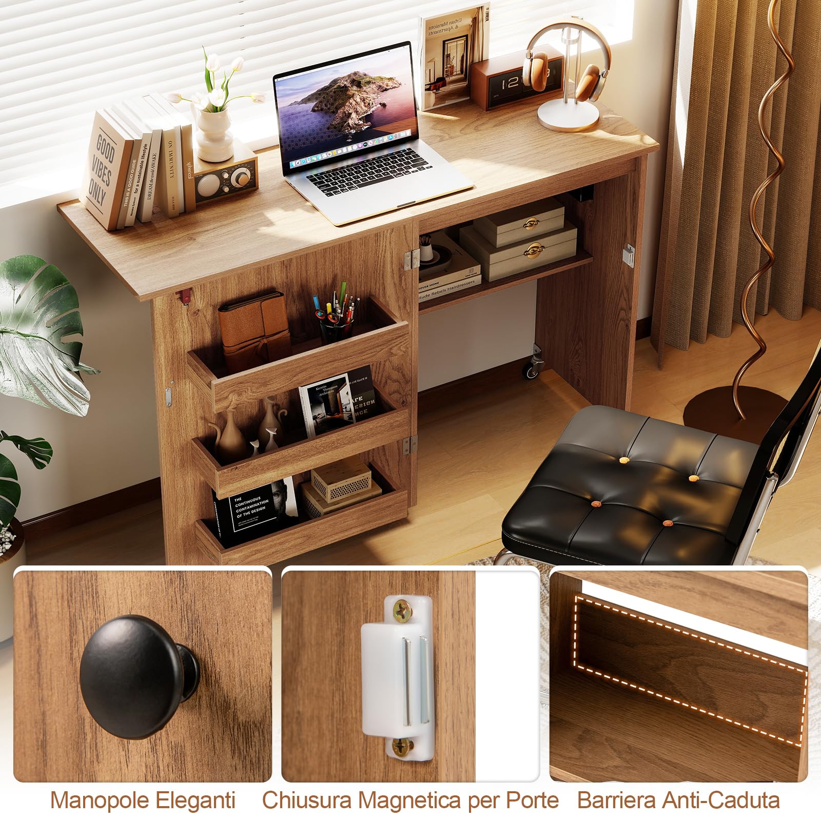 RELAX4LIFE Mesa de Costura Plegable con 3 Compartimentos, Estante, Estación de Carga Integrada, Mesa para Máquina de Coser con Ruedas, 116x40,5x78cm (Natural-con Enchufe)