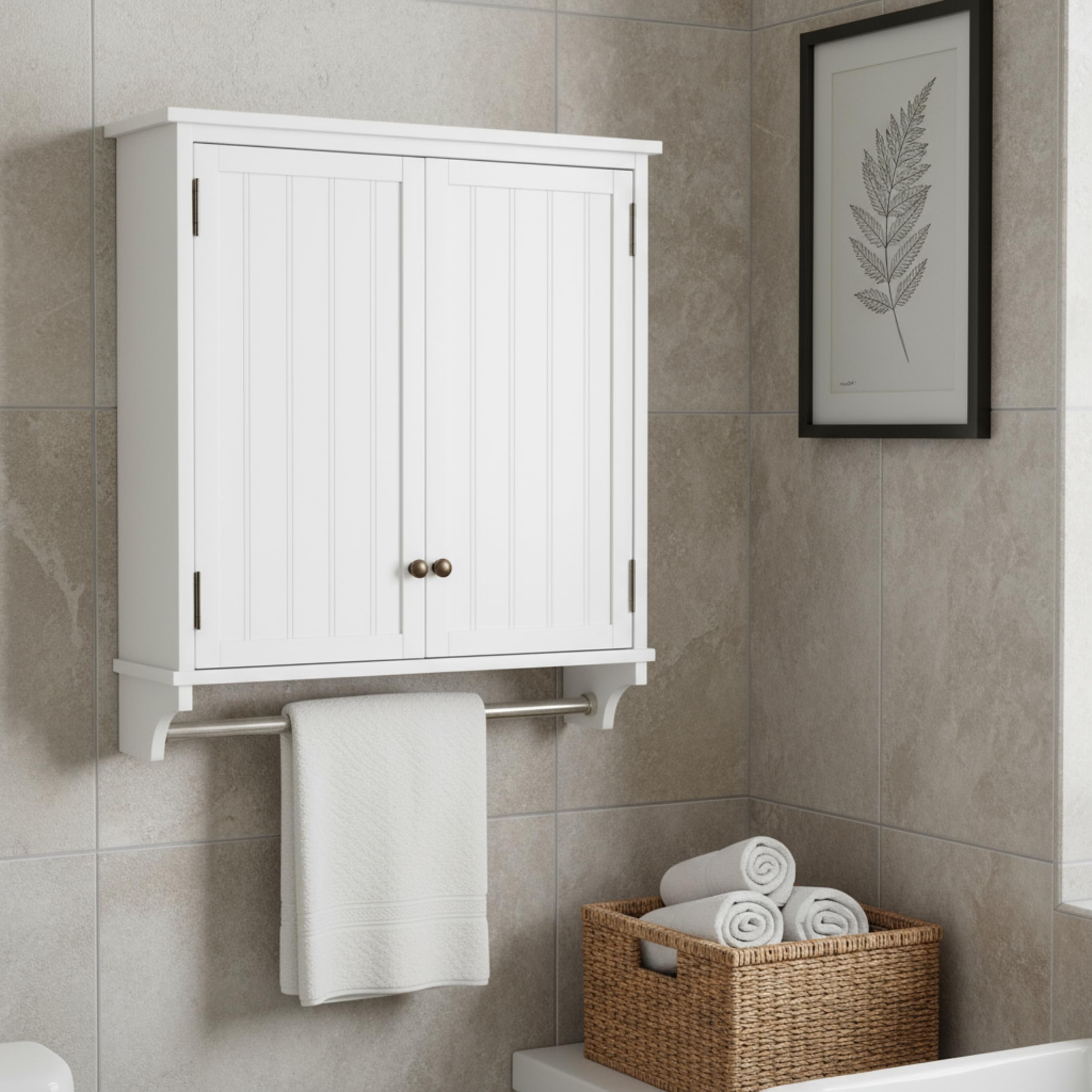 Dover 27” x 29” Wall Mounted Bathroom Storage Cabinet with Shaker Beadboard Doors, Two Adjustable Shelves and a Towel Bar – White Wall Cabinet for