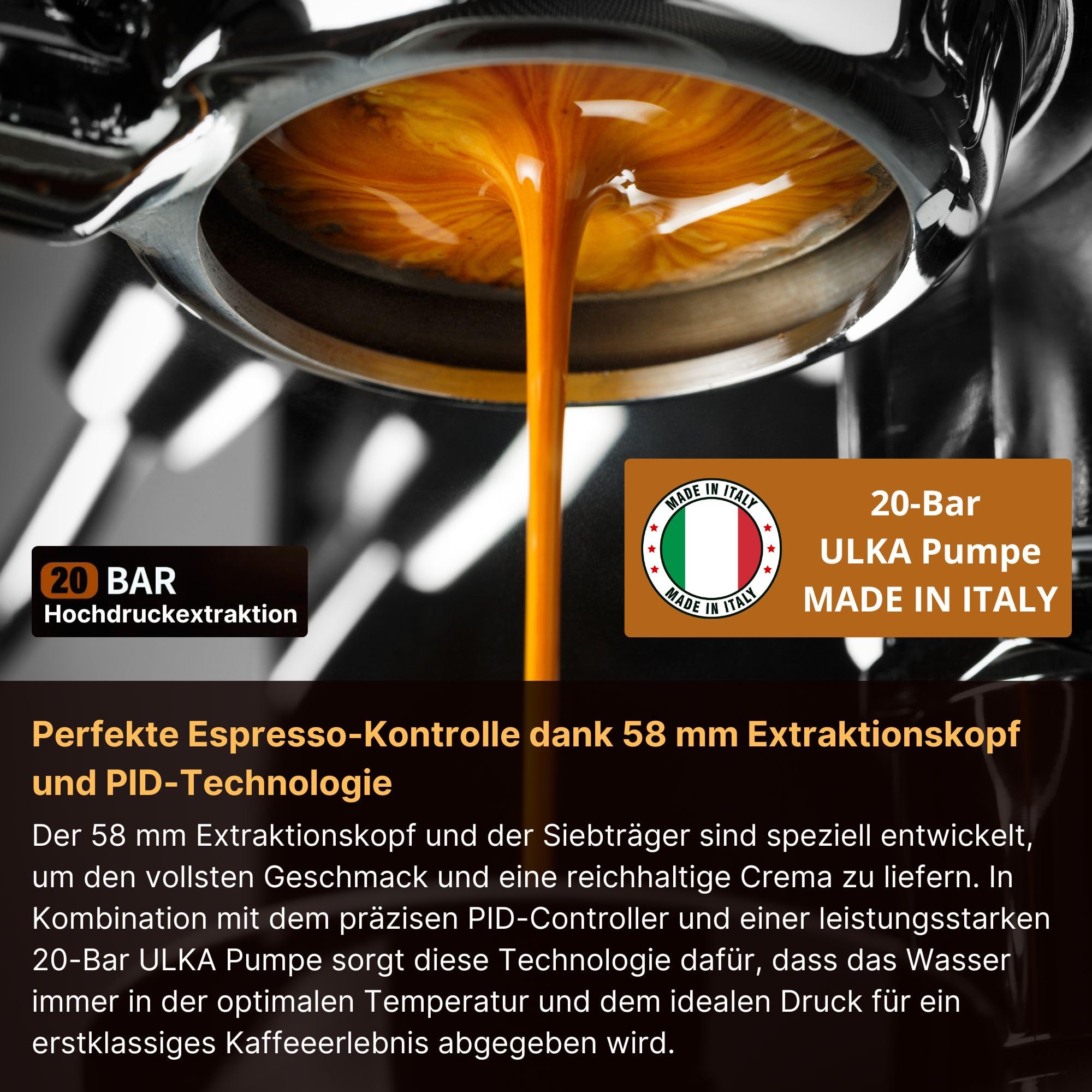 KB-ELEMENTS - Macchina per caffè espresso con macinino integrato, 20 bar, macinino professionale, serbatoio dell'acqua da 2,6 l, testa di estrazione da 58 mm, argento