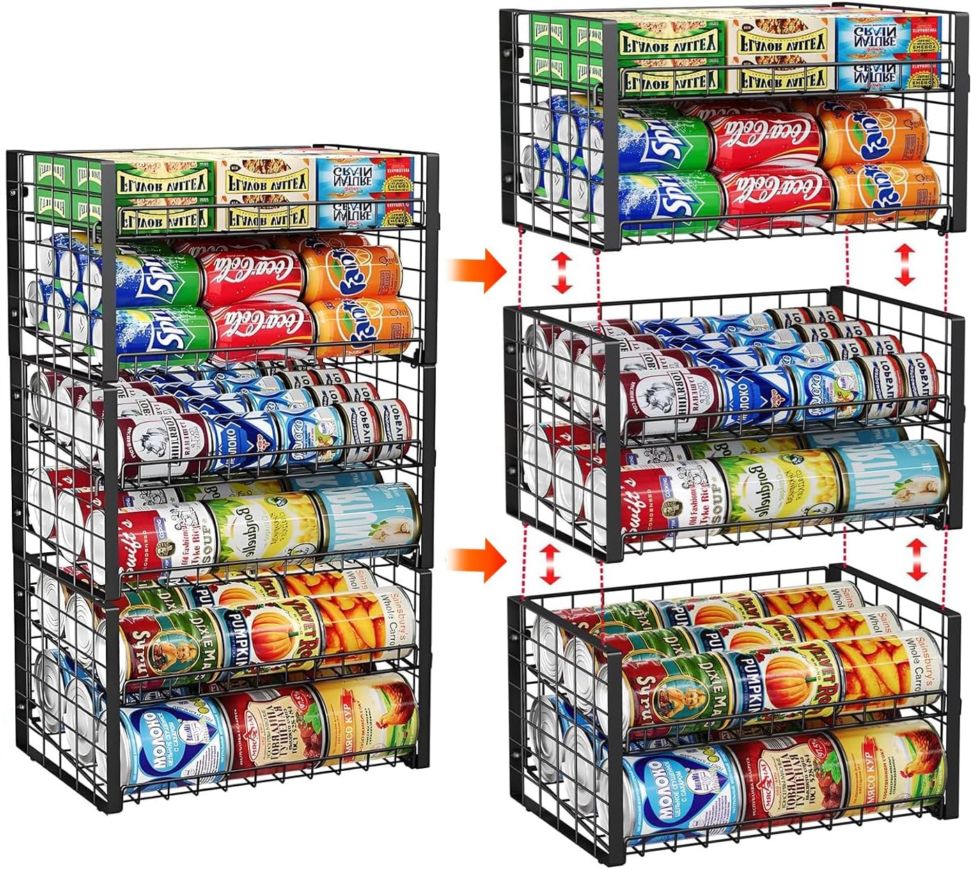 JKsmart 2-Tier Stackable Rack Organizer for Pantry, Adjustable Dispenser Holds Up to 90 Cans, Storage Holder for Various Ounces of Canned Drinks, Black, 3 Pack 2 Tier - 3Pack