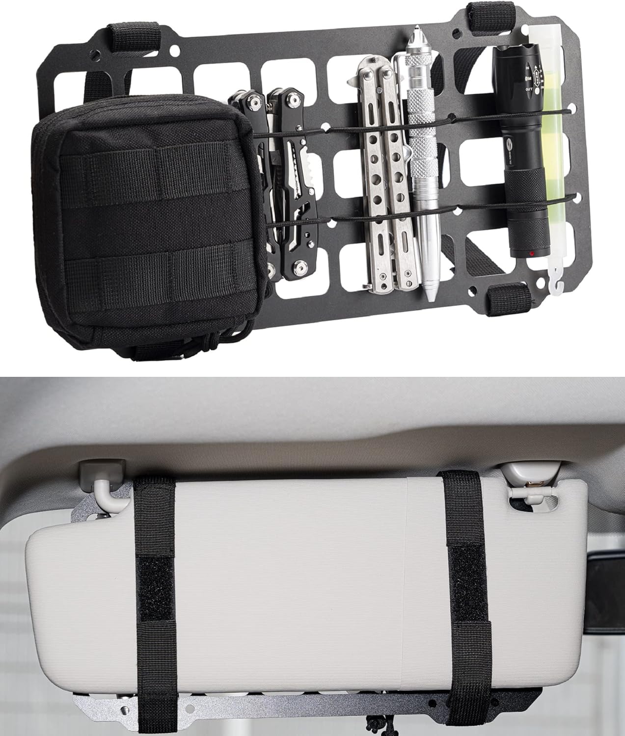 TACNEX Car Sun Visor Organizer Vehicle Rigid MOLLE Panel Tactical Gear Rack EDC Pouch Tool Holster Bag Holder Visor Cover Truck Equipment Mount Plate Modular Storage Shelf Auto Accessories