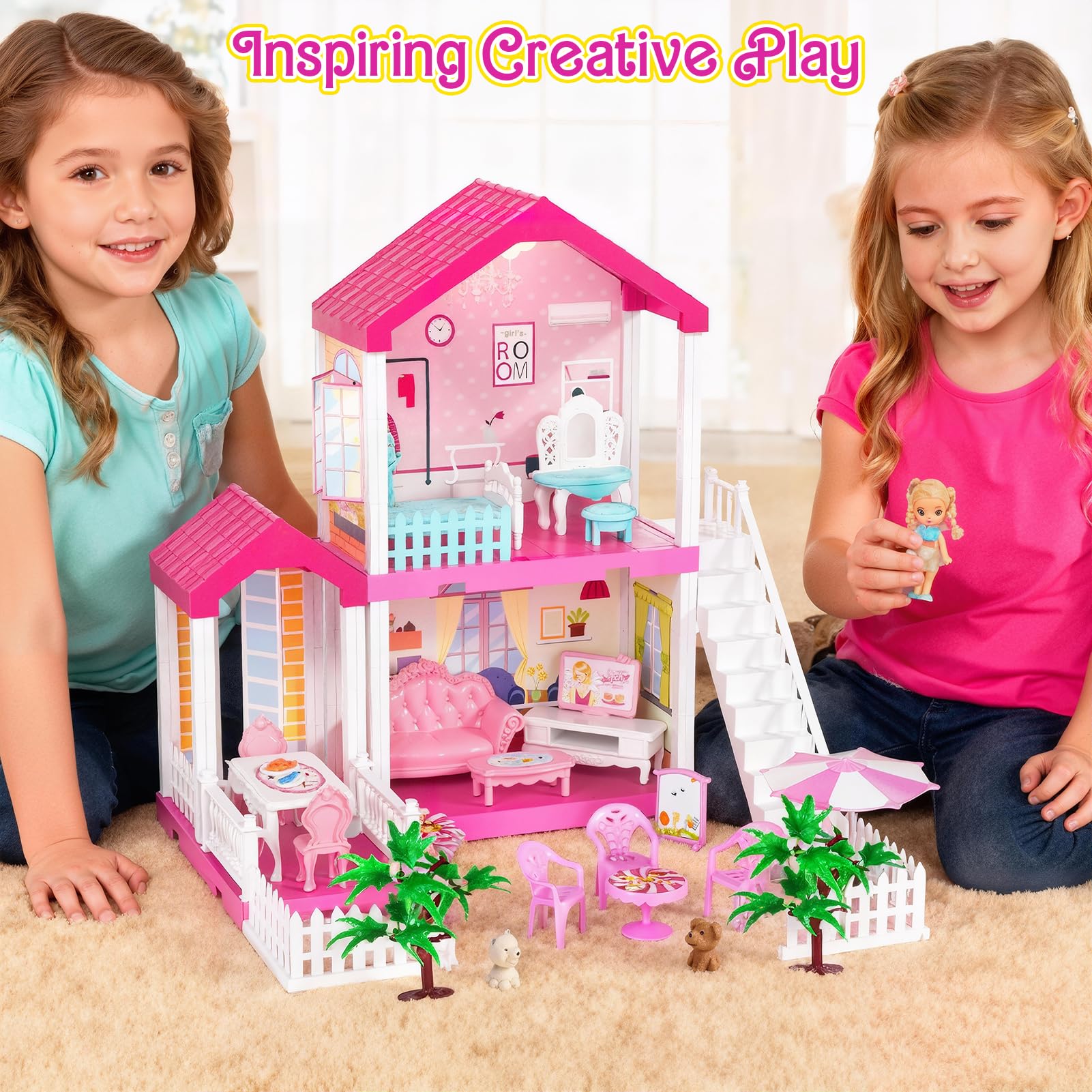 2 Piso Casa de Muñecas para Niñas con Muebles Casita de Muñecas DIY Juguetes Casa de Ensueño Miniatura Perros,Dormitorio,Comedor,Casa de Princesa de Regalo Juguete para Niños 3 4 5 6 Años