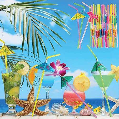 Miniatura 4 de 180 popotes desechables de plástico flexible para cóctel, 9.45 pulgadas, suministros de decoración hawaiana para fiesta de playa, cumpleaños, Luau,