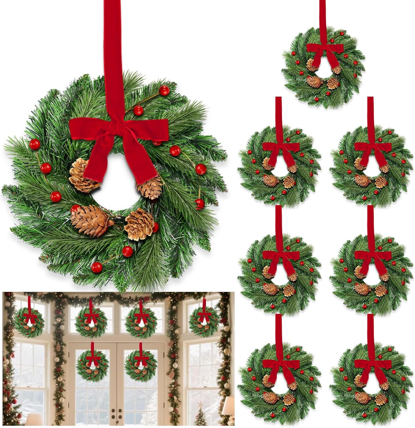 8 Pcs Mini Christmas Wreath for Cabinets Kitchen, 12 Inch Small Christmas Wreaths with Lifelike Norfolk Pine Aspen Fir Tips Cones Red Berry Bow Xmas Door Wreath for Front Door Porch Wall Window Indoor 8 12 Inch