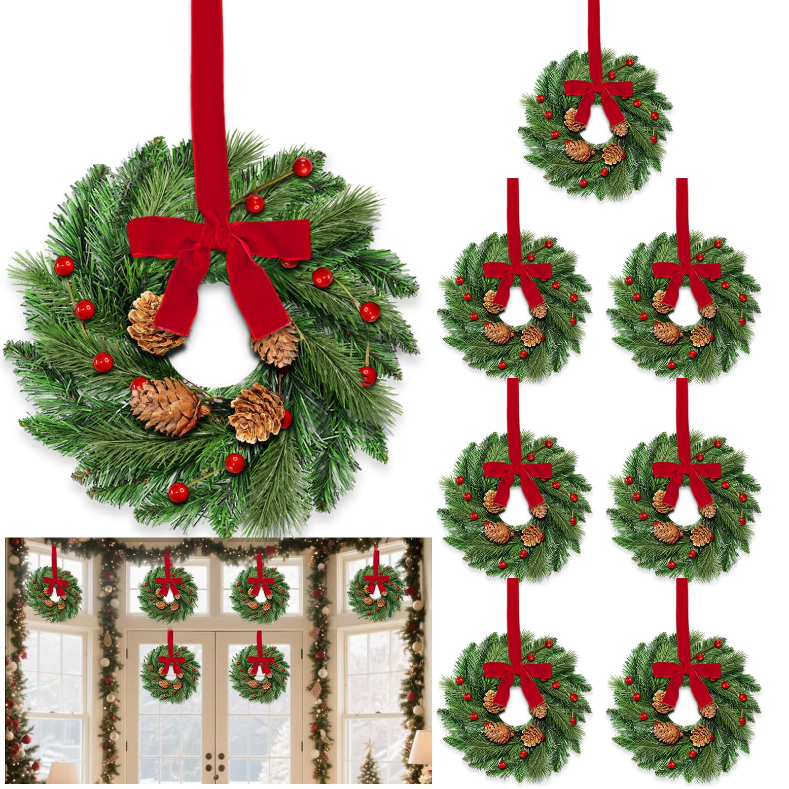 8 Pcs 12 Inch Mini Christmas Wreaths, Christmas Wreath for Cabinets Kitchen