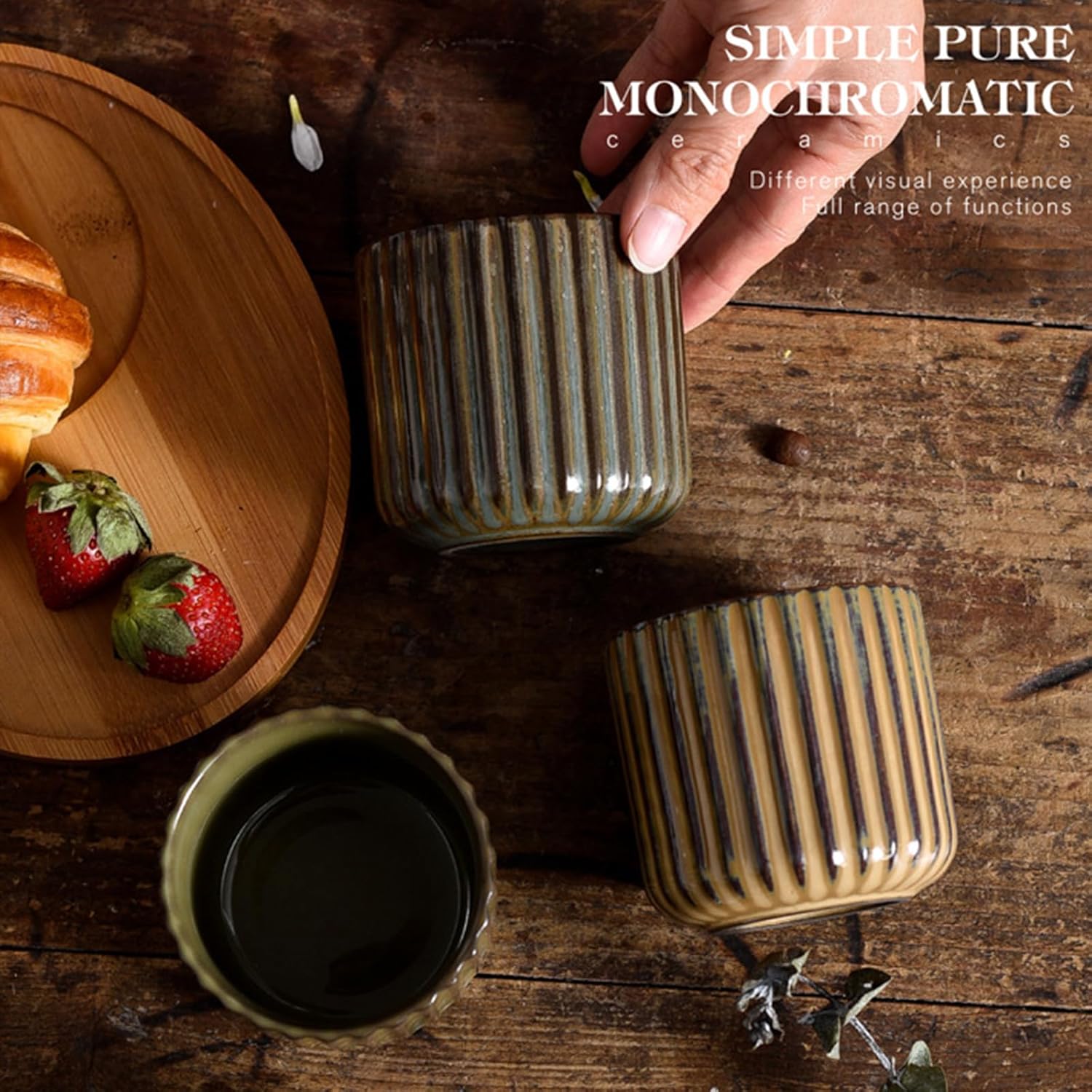 Vinitage Ceramic Mug, Japanese Tea Cup 6oz Striped Cup No Handle Drinking Cup for Latte Milk Water Beverage Juice Microwave and Dishwasher Safe, Kiln Transformation Cup (Brown) - Image 7