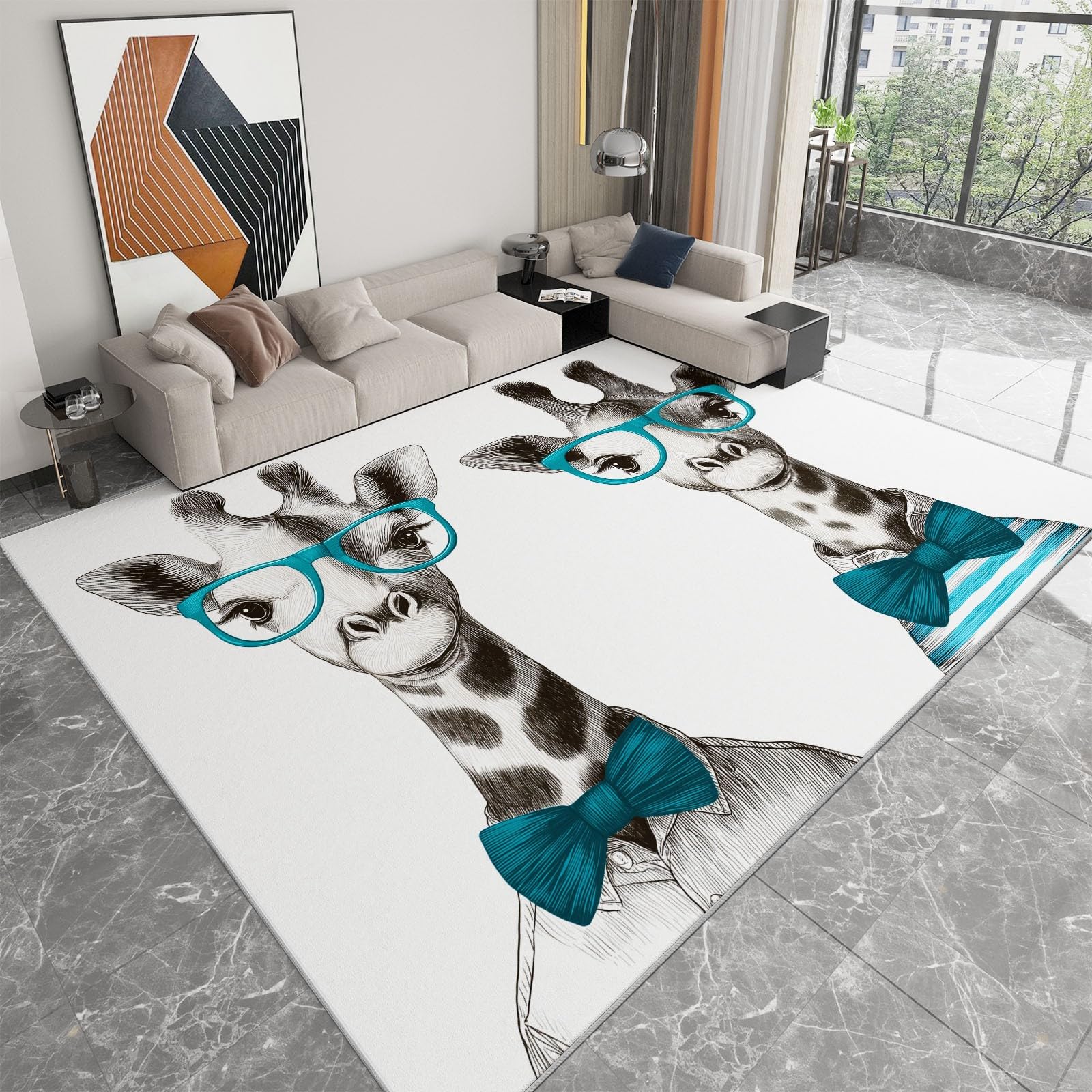 Genérico Zmywalny dywan antypoślizgowy 180 x 240 cm styl kreskówkowy, dywan zwierzę żyrafa okulary muszka do salonu sypialni biura lub pokoju dziecięcego korytarz łatwy do czyszczenia
