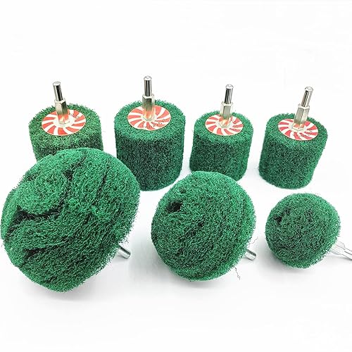 Banmo Abrasive Juego de 7 ruedas abrasivas verdes con vástago de 14 pulgadas, ruedas de pulido no tejidas, juego de accesorios para pulir, fregar y