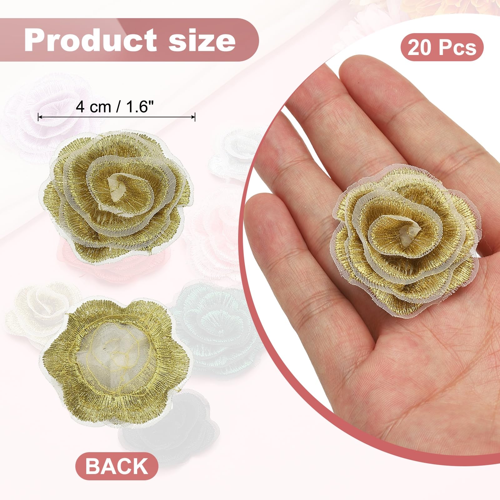 QUARKZMAN 20 Pcs Aplicaciones Florales, Aplicaciones Encaje Floral 3D Parches Para Coser Bordados Florales Para Ropa Vestidos Adornos Para El Cabello Costura DIY Manualidades, 4cm Dorado