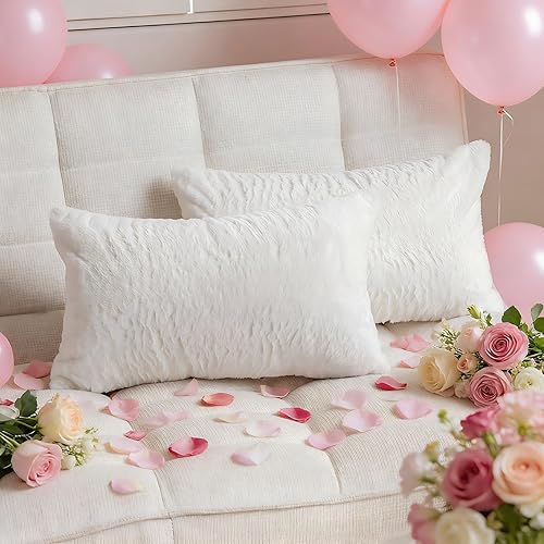 Demetex Juego de 2 fundas de almohada de 12 x 20 pulgadas, suaves y esponjosas, para sofá, sala de estar, dormitorio, 12 x 20 pulgadas, color blanco