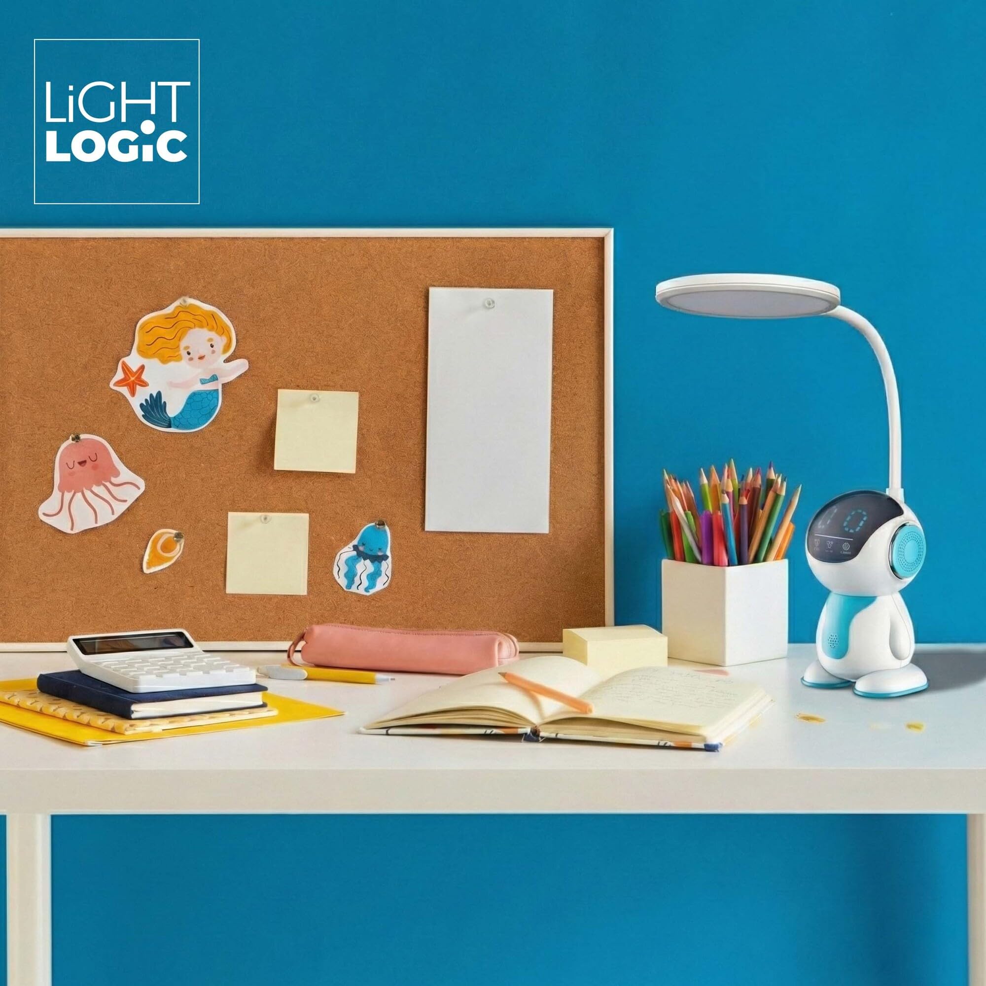 Schreibtischlampe LED für Büro und Zuhause – Dimmbar Touch Tischlampe mit Nachtmodus-Funktion - 10W Bürolampe für Kinderzimmer, Schreibtischleuchte Bunter Roboter