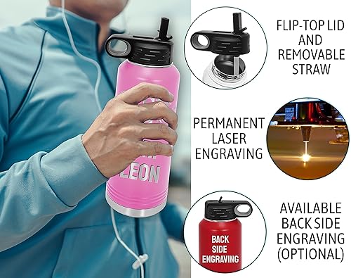 Miniatura 12 de Botellas de agua personalizadas con tapa abatible y pajilla, termo deportivo personalizado de acero inoxidable grabado, monograma personalizado