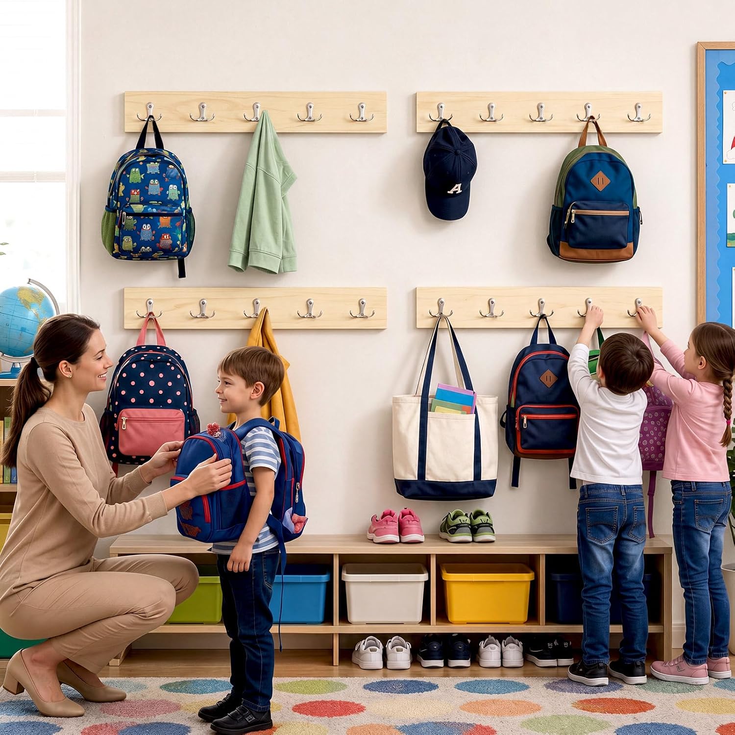 4 Pcs Classroom Wall Mount Coat Rack 16 Inch Wooden Backpack Hanger Rail with 5 Double Coat Hooks Back to School Organizer for Dorm Apartment Hanging Backpack Hats Clothes School (Wood Color)