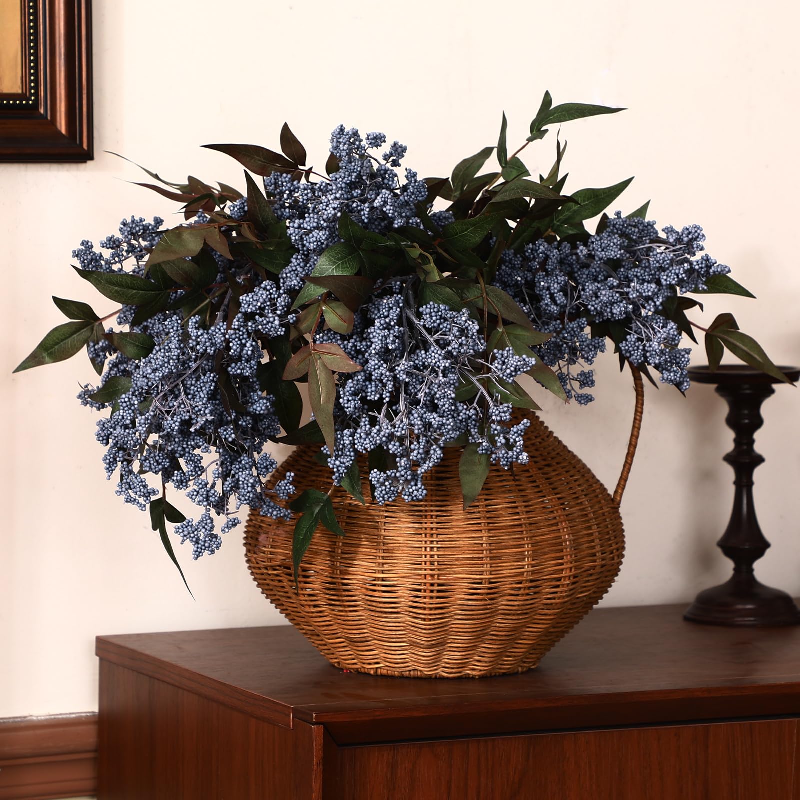Zeyune 3 tallos artificiales de arándanos artificiales de otoño, ramas de bayas azules, ramas de sedum falso para vacaciones, temporada, granja, repisa, repisa, decoración del hogar (35 pulgadas)