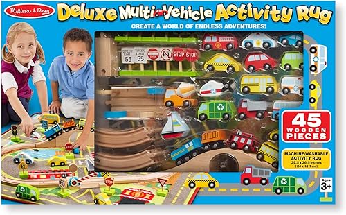 Melissa & Doug Alfombra de lujo para múltiples vehículos (39.5 x 36.5 pulgadas), 19 vehículos, 12 letreros de madera, vías de tren