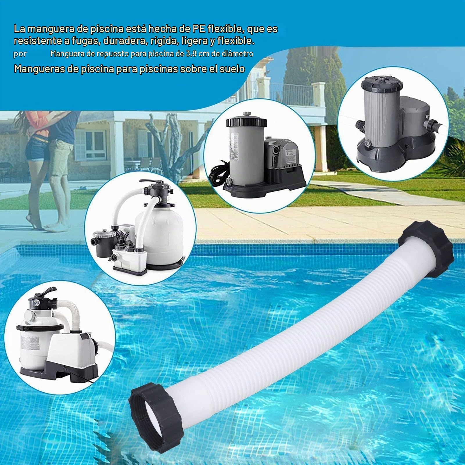 Manguera de Repuesto para Filtro y Bomba de Piscina, Flexible, de Succión con Conector