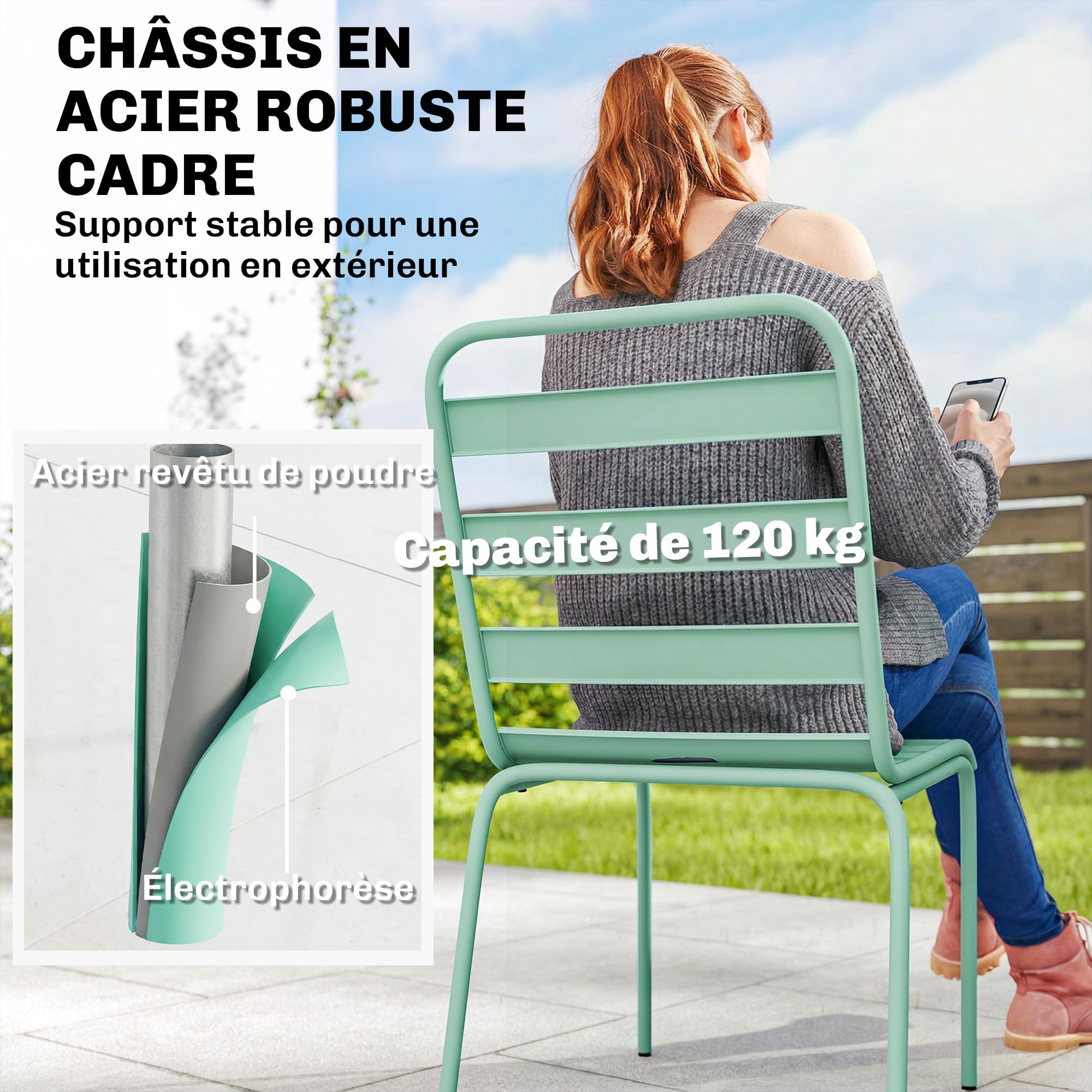 Outsunny Lot de 2 Chaises de Jardin, Empilables en Métal, Balcon, Vert | Chaises pour Salle à Manger Extérieure, Mobilier d'Extérieur pour Jardin