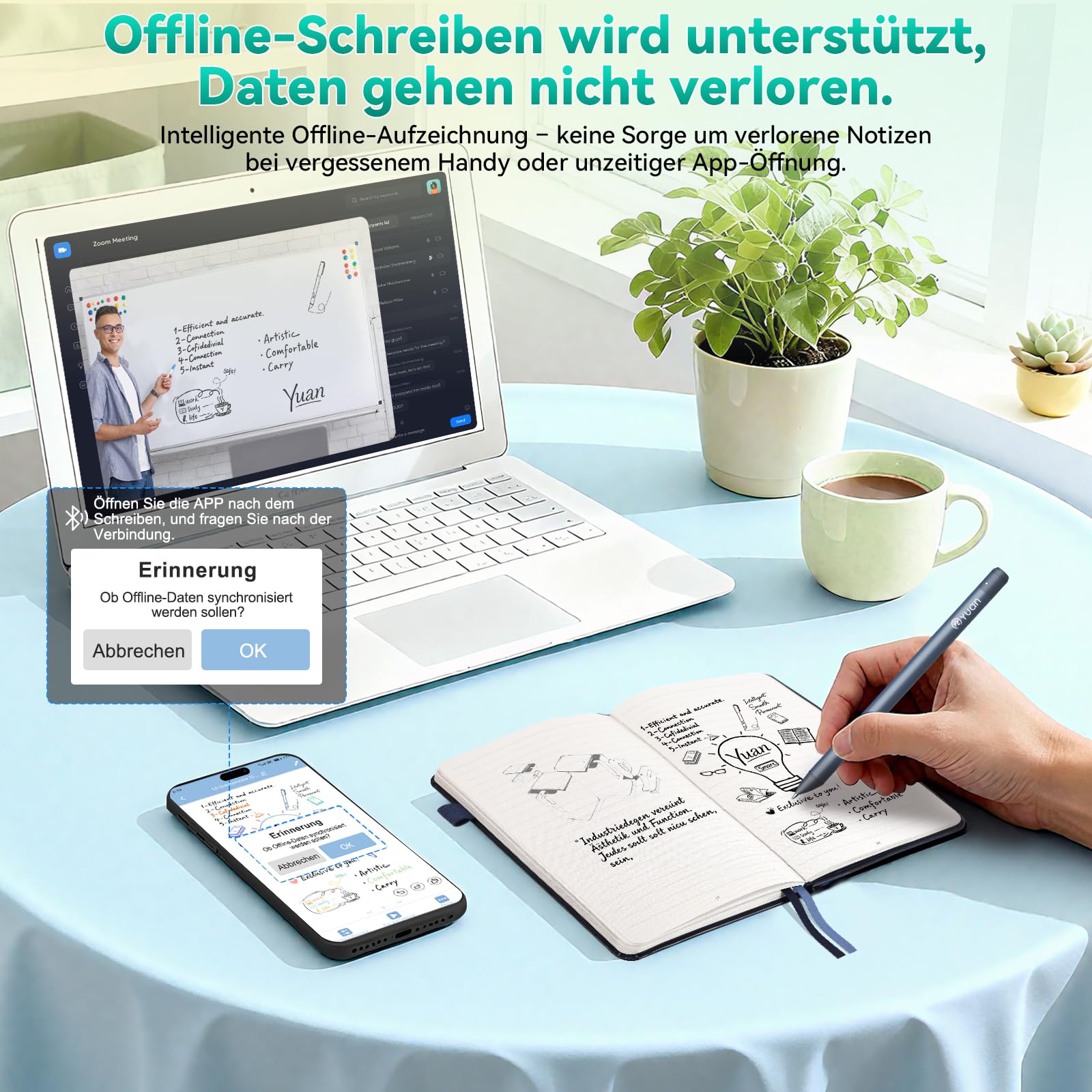 YUAN Digitales Notizbuch Smart Writing Set: Mit Smart-Pen & Notebook Echtzeit‑Sync. und Teilung für Notizen, Zeichnungen & Meetings, mit tragbarem Mini‑Notizbuch und Ersatzminen