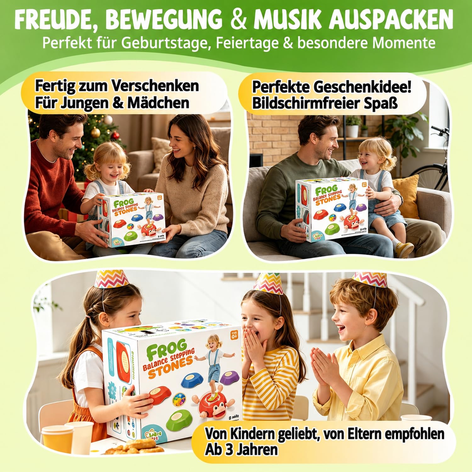 Holyton Balance-Steine Kinder mit Licht & Musik, Turtle Jump Spiel mit Drehrad, Reaktions- & Koordinationsspiel, 1 Schildkröte + 4 Steine, Motorik Training Indoor & Outdoor