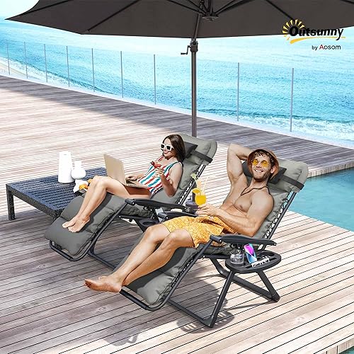 Miniatura 2 de Outsunny Zero Gravity - Juego de 2 sillas reclinables plegables de gravedad cero, sillas de salón para exteriores con cojín extraíble, reposacabezas
