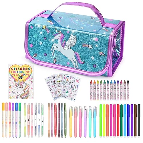 nasominako Washable Scented Markers Set for Kids - Unicorn Coloring Art Supplies Set for Kids Ages 4-8 Birthday Gifts for 4-8 Year Old Girls Unicorn Pencil Case 54 PCS - Blue