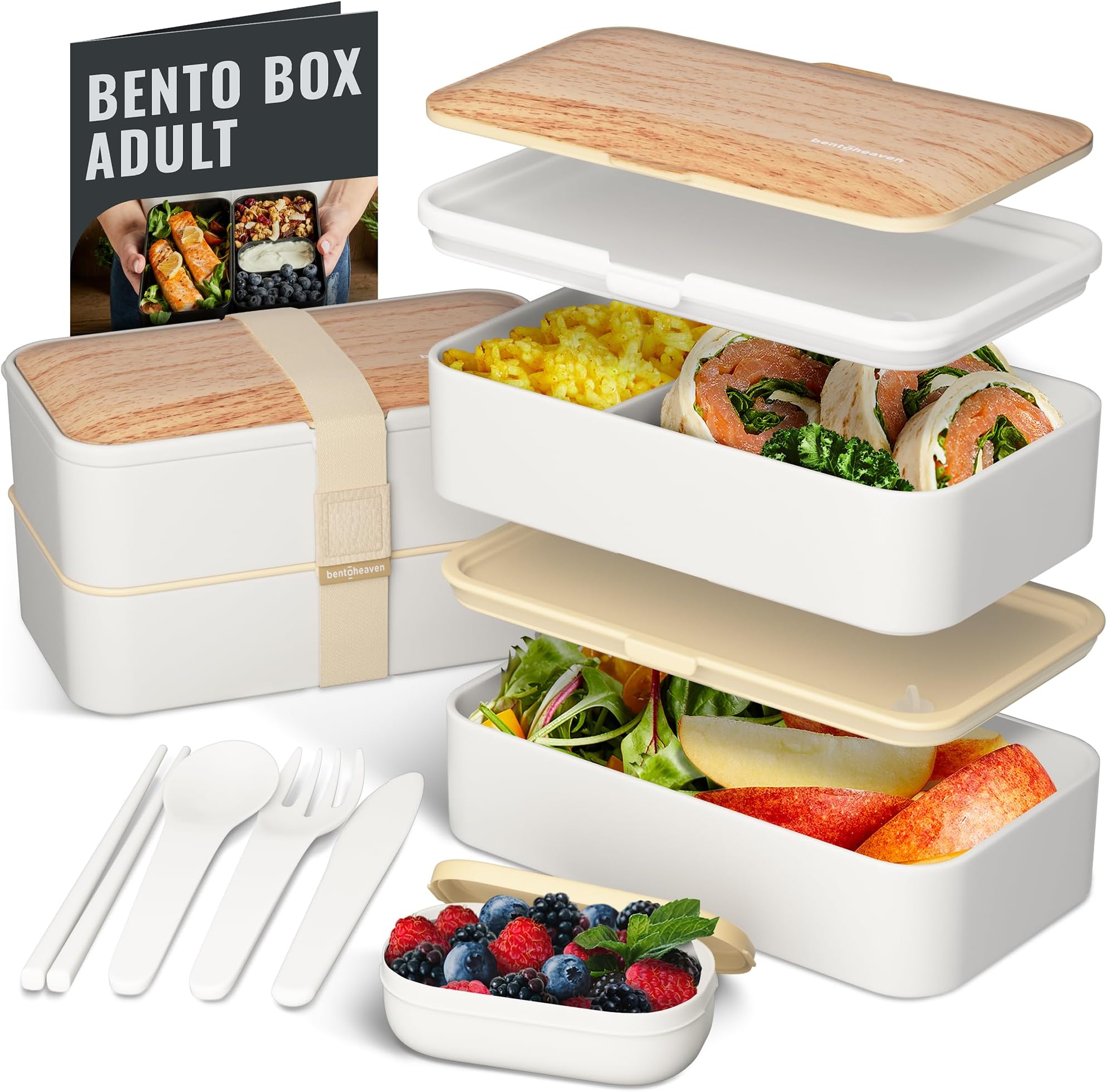 Premium Bento Box Adult Lunch Box with Compartments for Women & Men, Set of Utensil & Chopsticks & Dip Container, Cute Japanese Kids Bento Lunch Box, Microwavable (Bright Light)