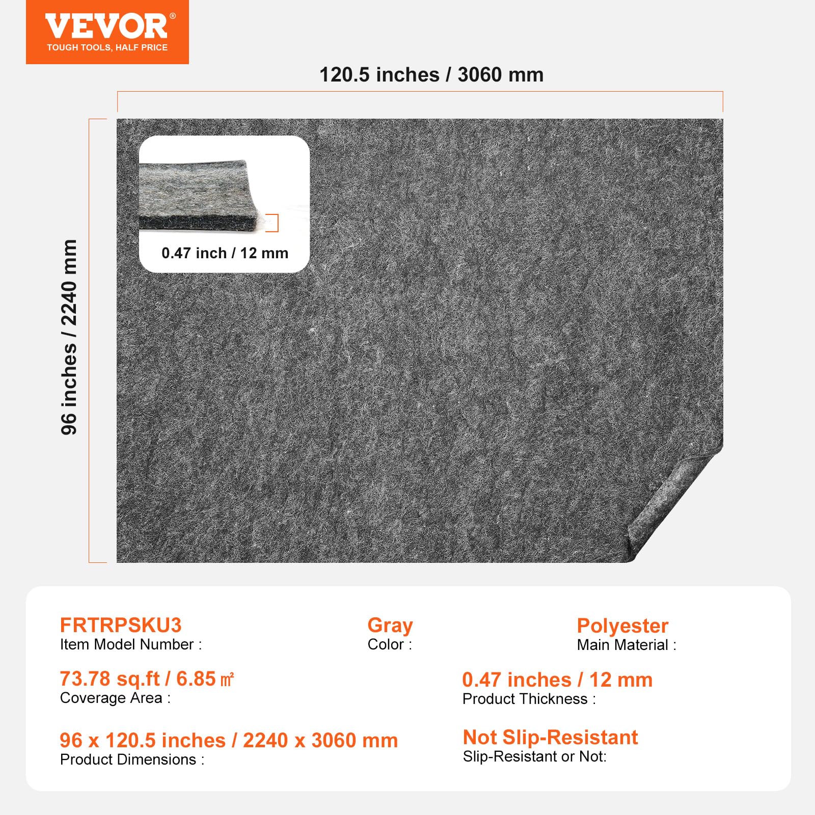 VEVOR Tappetino Protettivo per Tappeti, Rug Pad Gripper 2440 x 3060 mm, Spessore 12 mm Feltro a Doppia Superficie, Ambito Area 7-8 ㎡ Comfort Premium Sotto i Piedi Imbottitura per Pavimenti, Grigio
