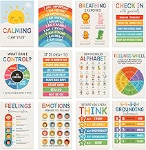JBLJDWD 12PCS Calming Corner Posters, Feelings Chart, Affirmation Cards for Kids, Sensory Wall Art for Classroom Playroom Counselor Decor Preschool Home School Support Office