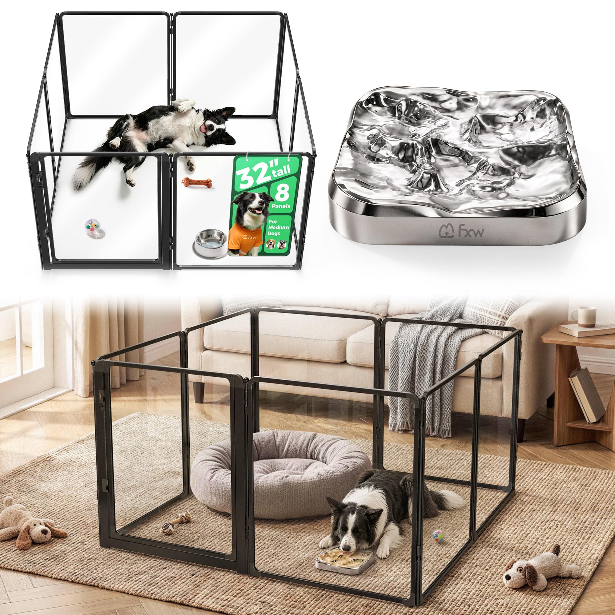 FXW AuraSpace Pro Acrylic &amp; Metal Dog Playpen with Lick Mat, 32"H, 8 Panels