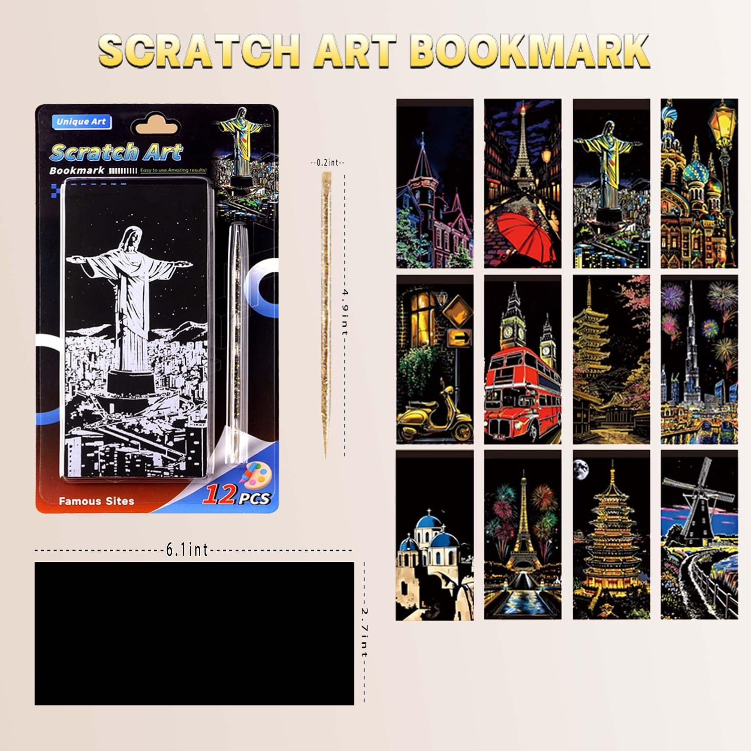 Scratch Card Art Bookmark Kit for Adults - DIY Creative Scratch Painting Bookmarks with Card Crafting Tools, Stress Relief Art Supplies for Reading, Journaling(24 Sheets) (City Series I) image 3