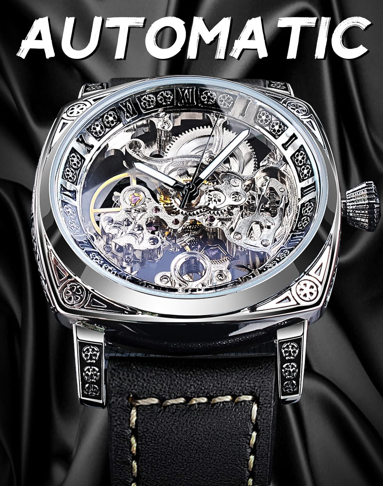 Reloj mecánico retro cuadrado de lujo para hombre, magnífico esqueleto hueco tallado automático relojes vintage correa de cuero reloj de pulsera plateado Dail correa negra, plateado, 3