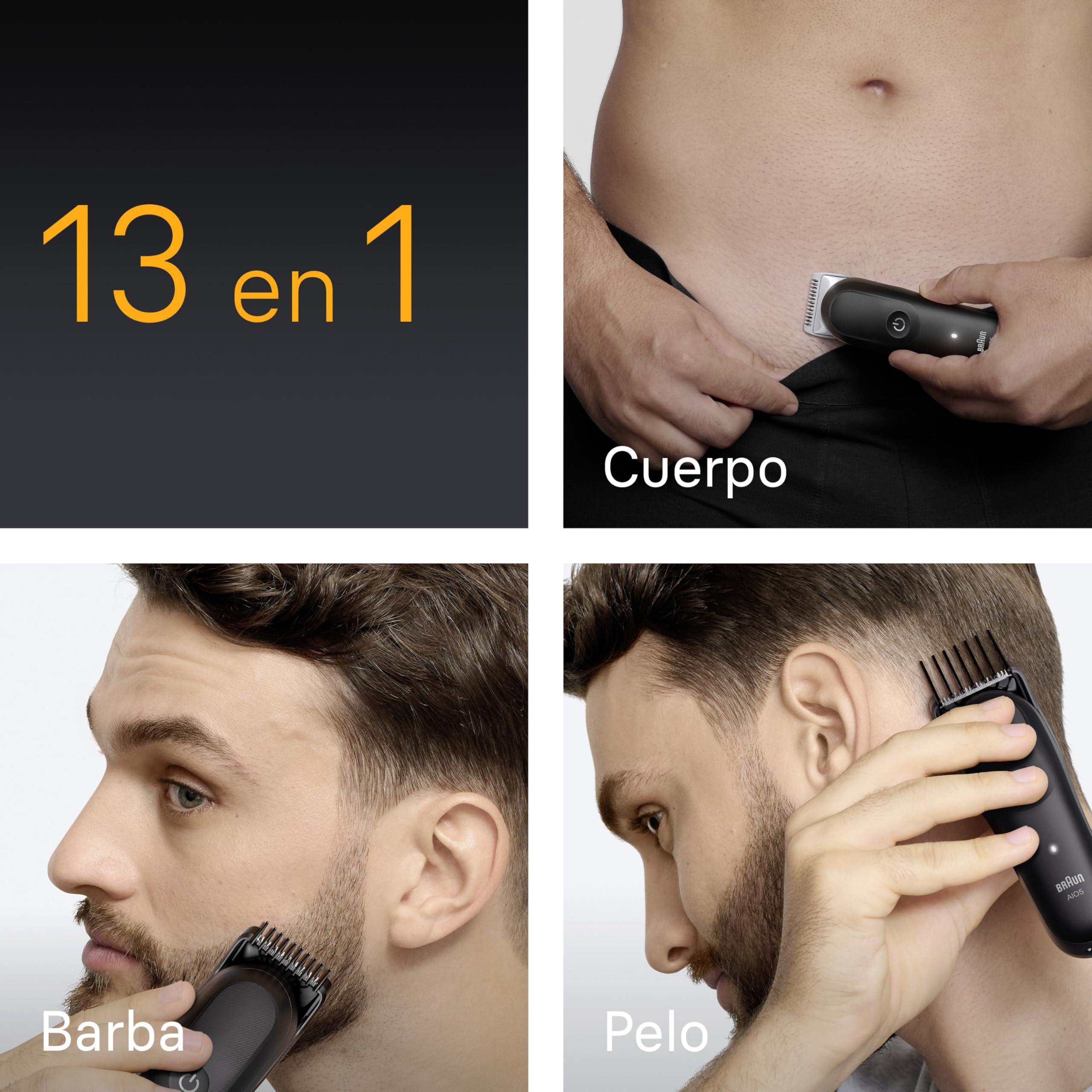 Braun Recortadora Todo en Uno Series 5 AIO5565, Negro - Kit de Styling 13en1 para Barba, Pelo, Orejas, Nariz Y Cuerpo, 120 Min, Cortapelos Hombre con Lámina Ultra Afilada, Recorte Preciso Y Eficiente