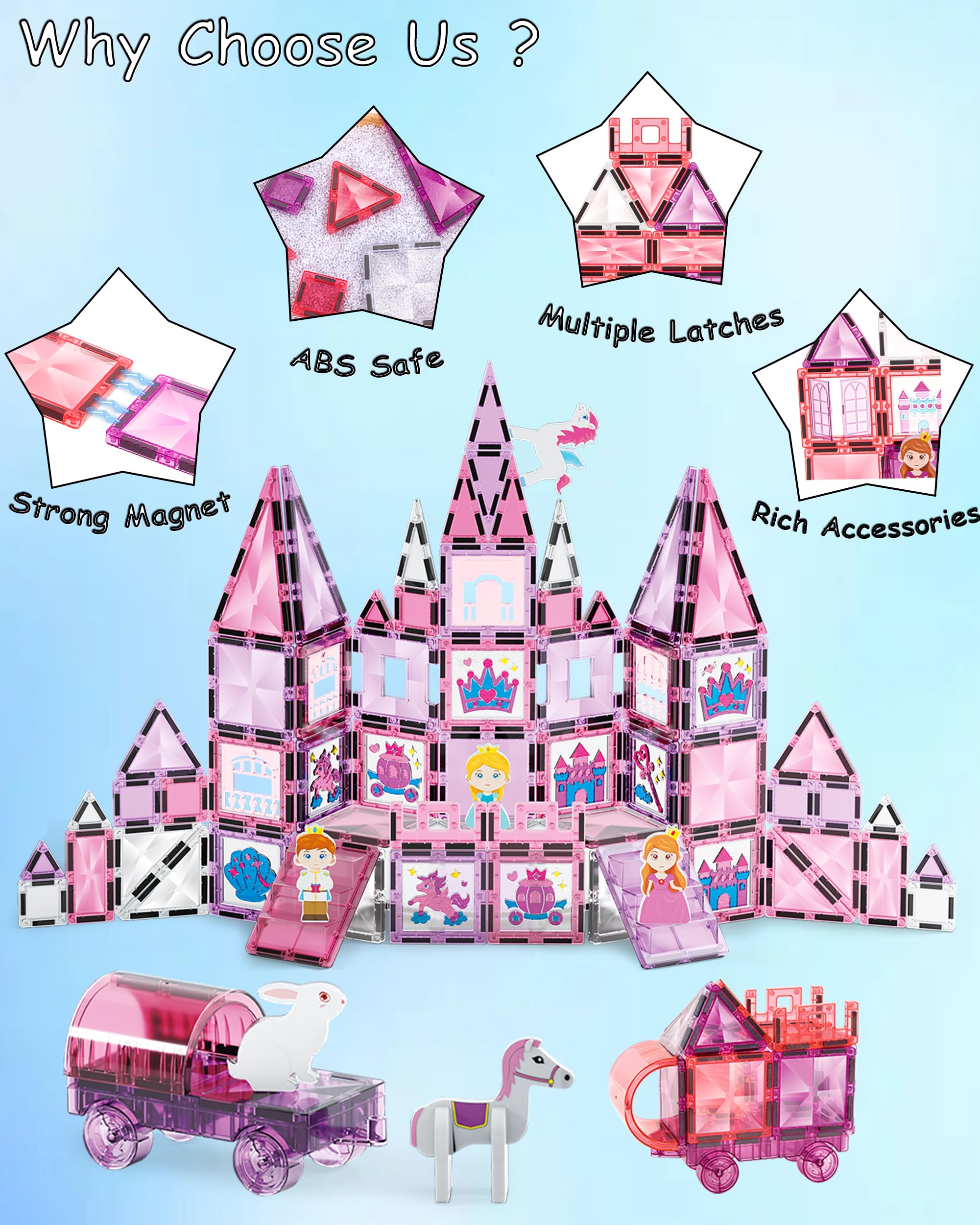 Piastrelle magnetiche in rosa, set da 126 pezzi, piastrelle magnetiche con matite e adesivi fai da te, giocattolo educativo STEM per bambini dai 3 anni in su