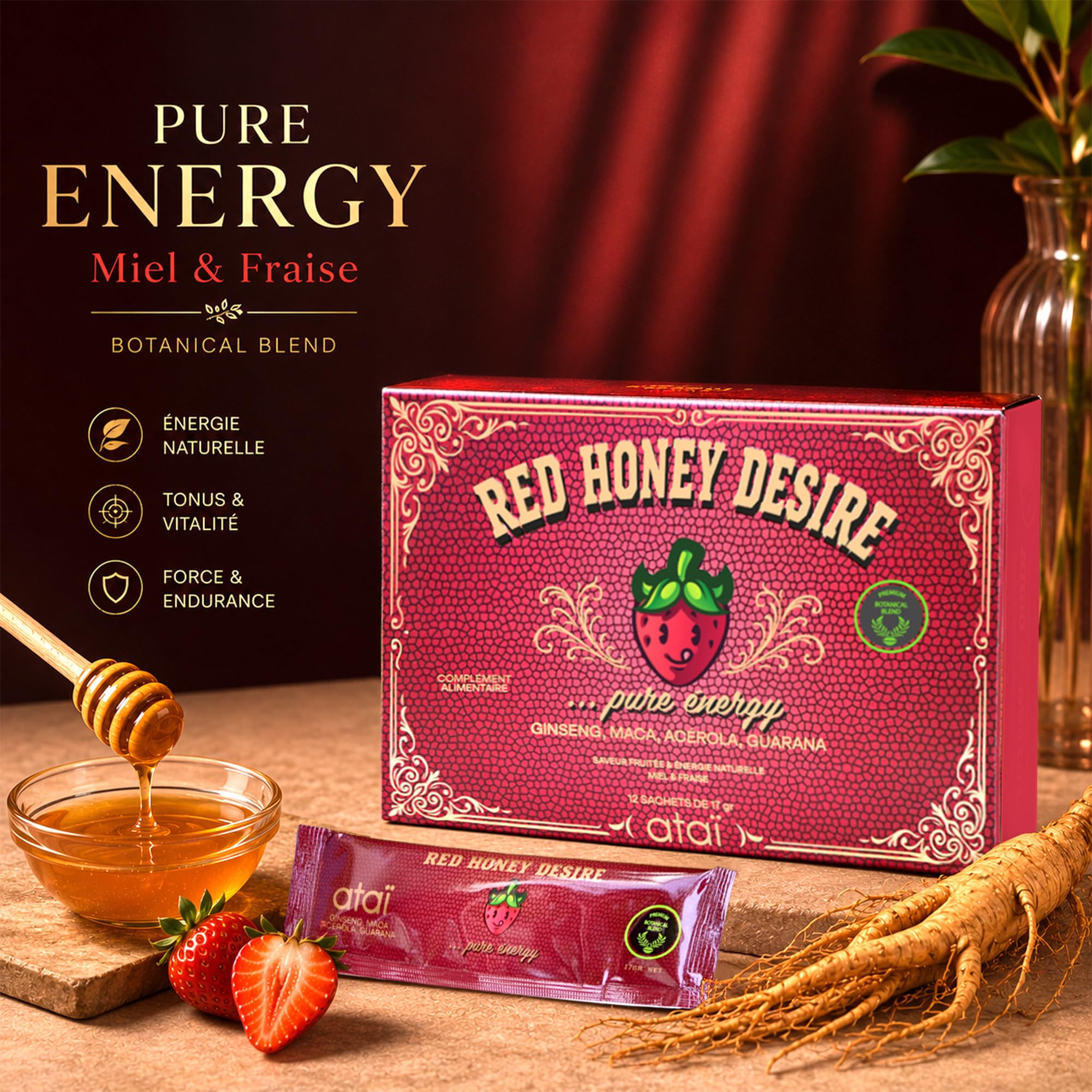 ATAI | RED HONEY DESIRE | TONUS MASCULIN | Miel Énergisant Homme | Ginseng Rouge Maca Guarana Gelée Royale Acérola | Énergie Naturelle & Vitalité | Saveur Miel Fraise | 12 Sachets de 17 g