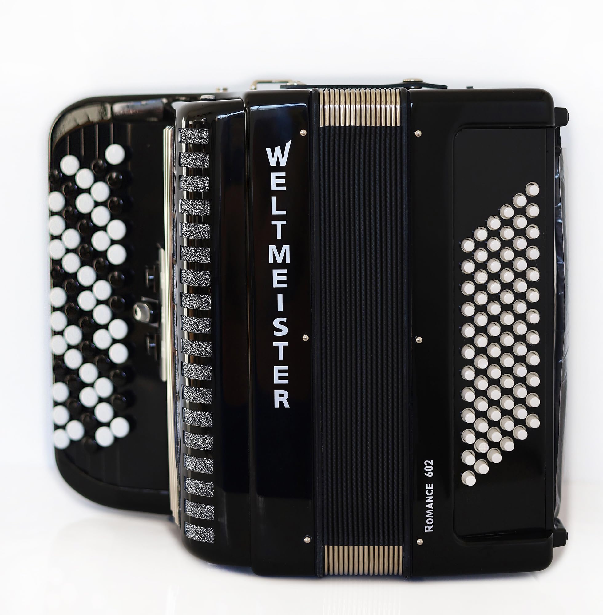 Generic New Weltmeister Romance 602 Button Accordion, made in Germany, 72 Bass buttons, Lightweight Accordion B-Gripp, Black, Straps and Case, Item Location USA