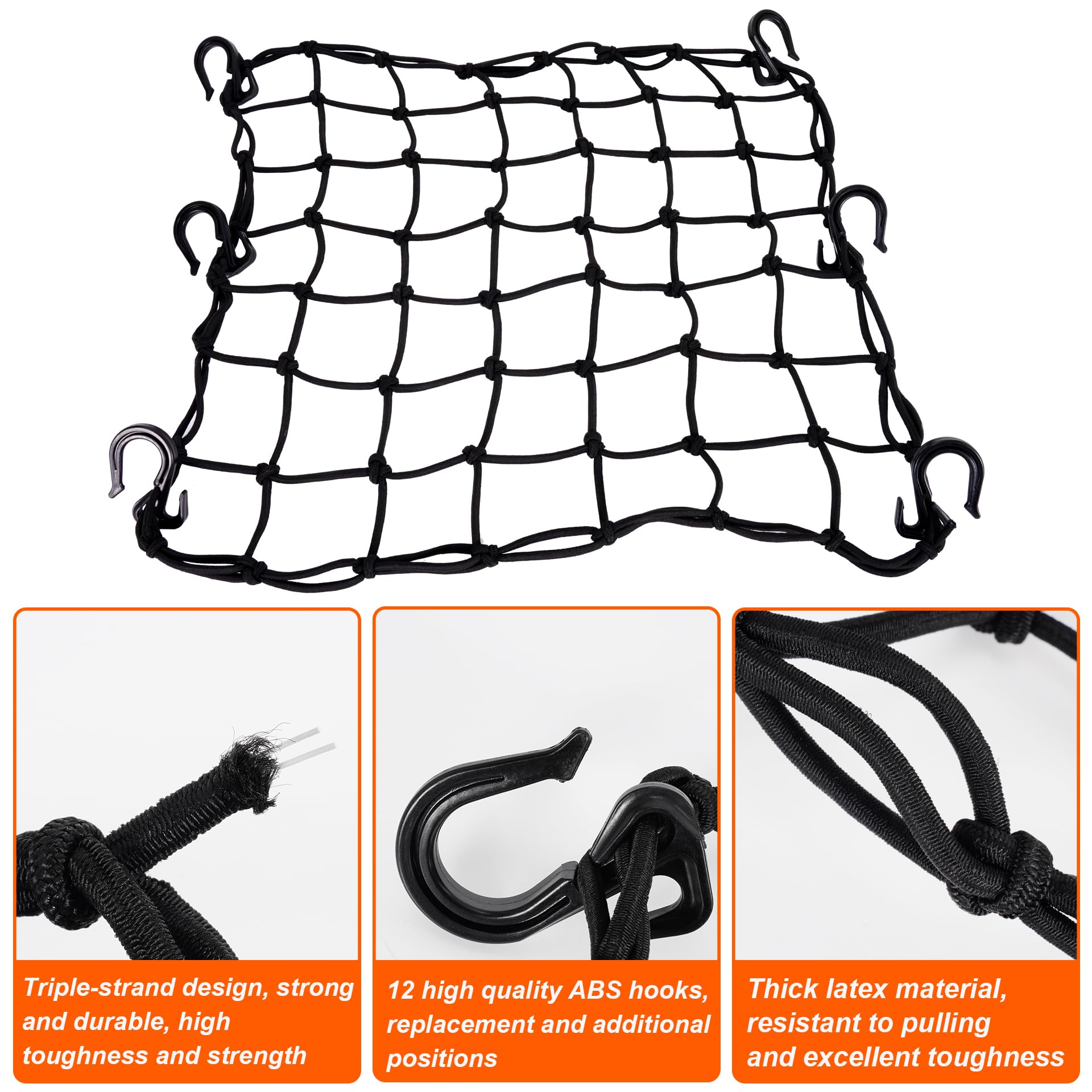 JIAYAN Elastisches Motorrad-Frachtnetz aus Latex, 38,1 x 38,1 cm, mit 12 verstellbaren ABS-Kunststoff-Haken für Motorrad, Fahrradkorb, ATV, Gepäck, Helm-Netz, 2 Stück