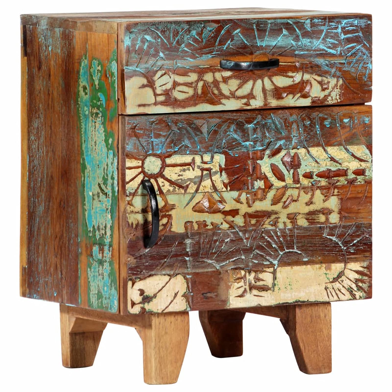 Table de chevet bois de récupération sculptée pour rangement de chambre